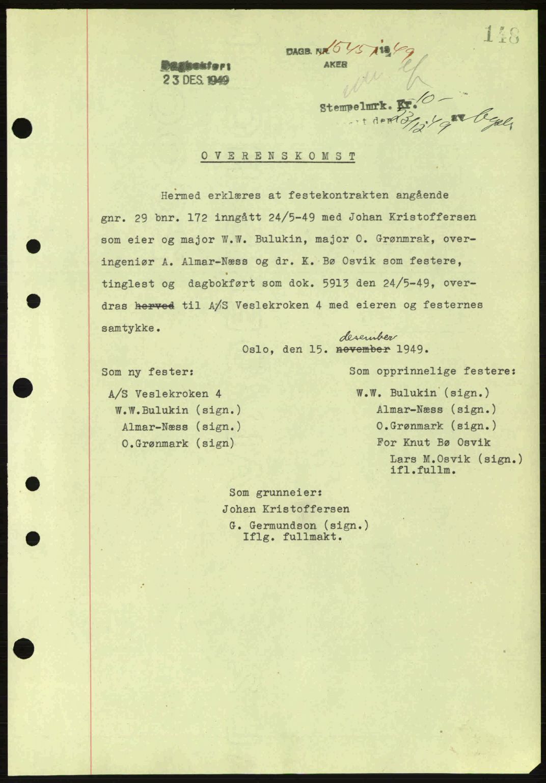 Oslo byskriverembete, AV/SAO-A-10227/G/Gb/Gbd/Gbda/L0017: Mortgage book no. A215, 1949-1950, Diary no: : 15451/1949