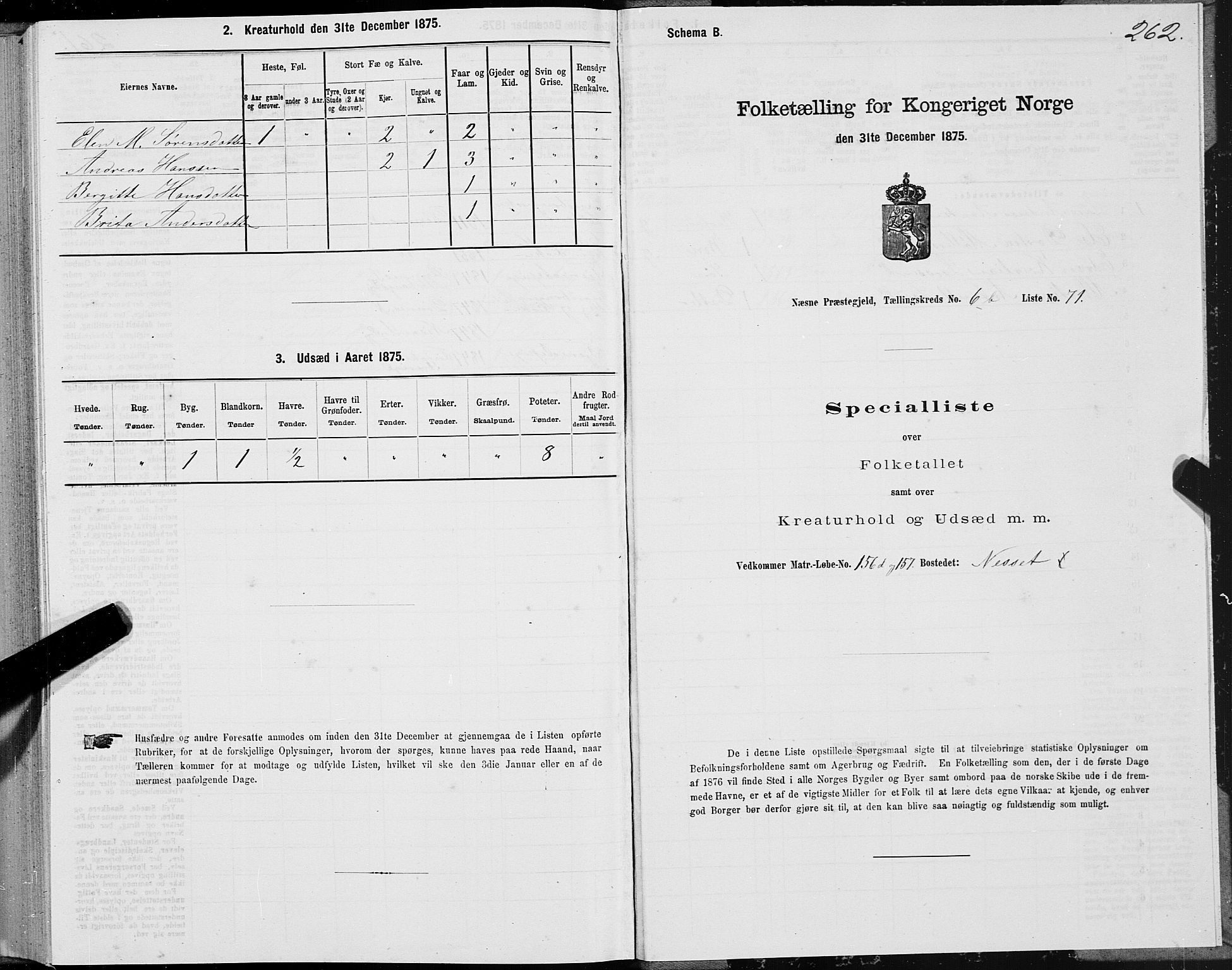 SAT, 1875 census for 1828P Nesna, 1875, p. 5262