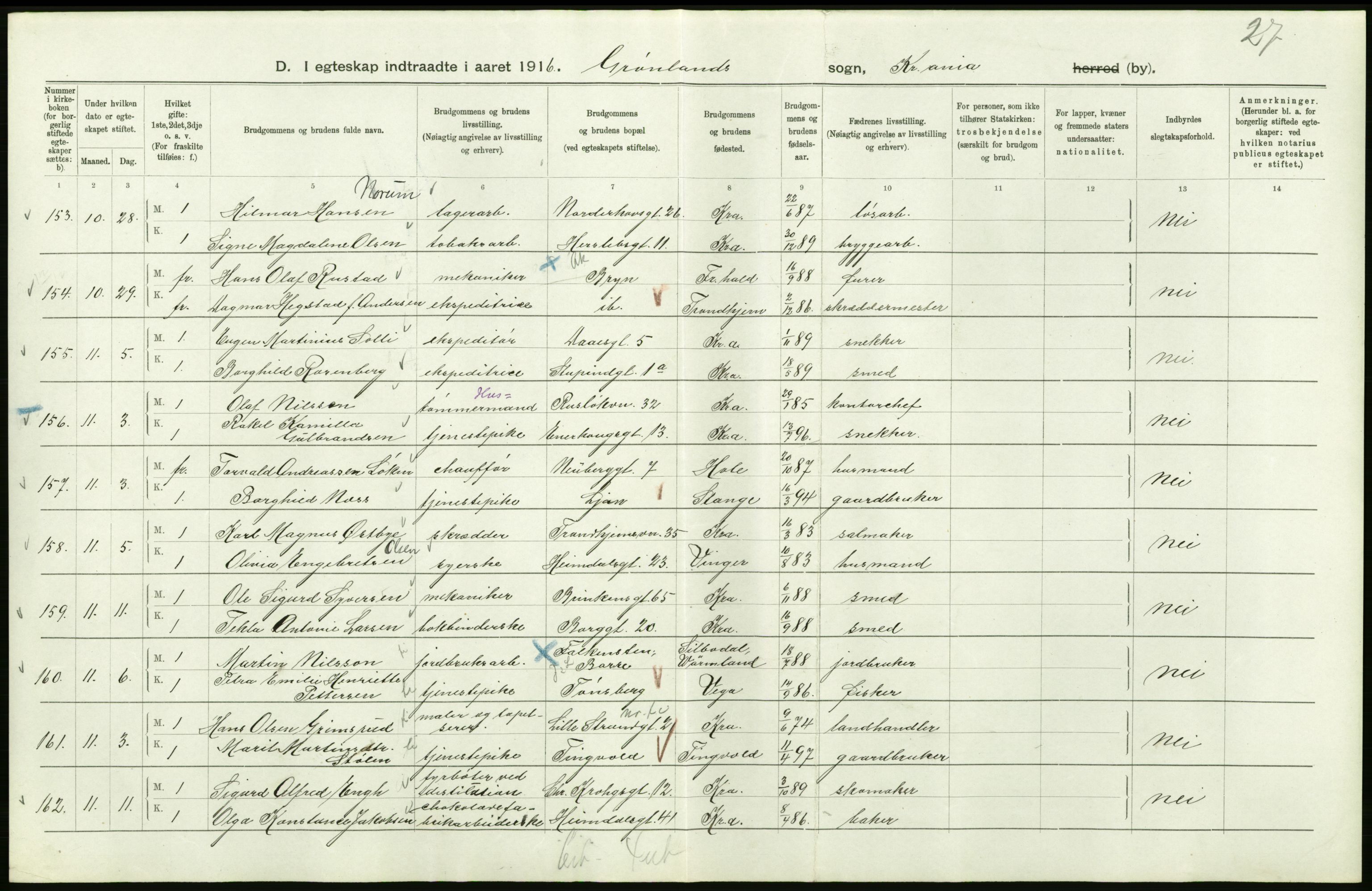 Statistisk sentralbyrå, Sosiodemografiske emner, Befolkning, AV/RA-S-2228/D/Df/Dfb/Dfbf/L0008: Kristiania: Gifte, 1916, p. 576