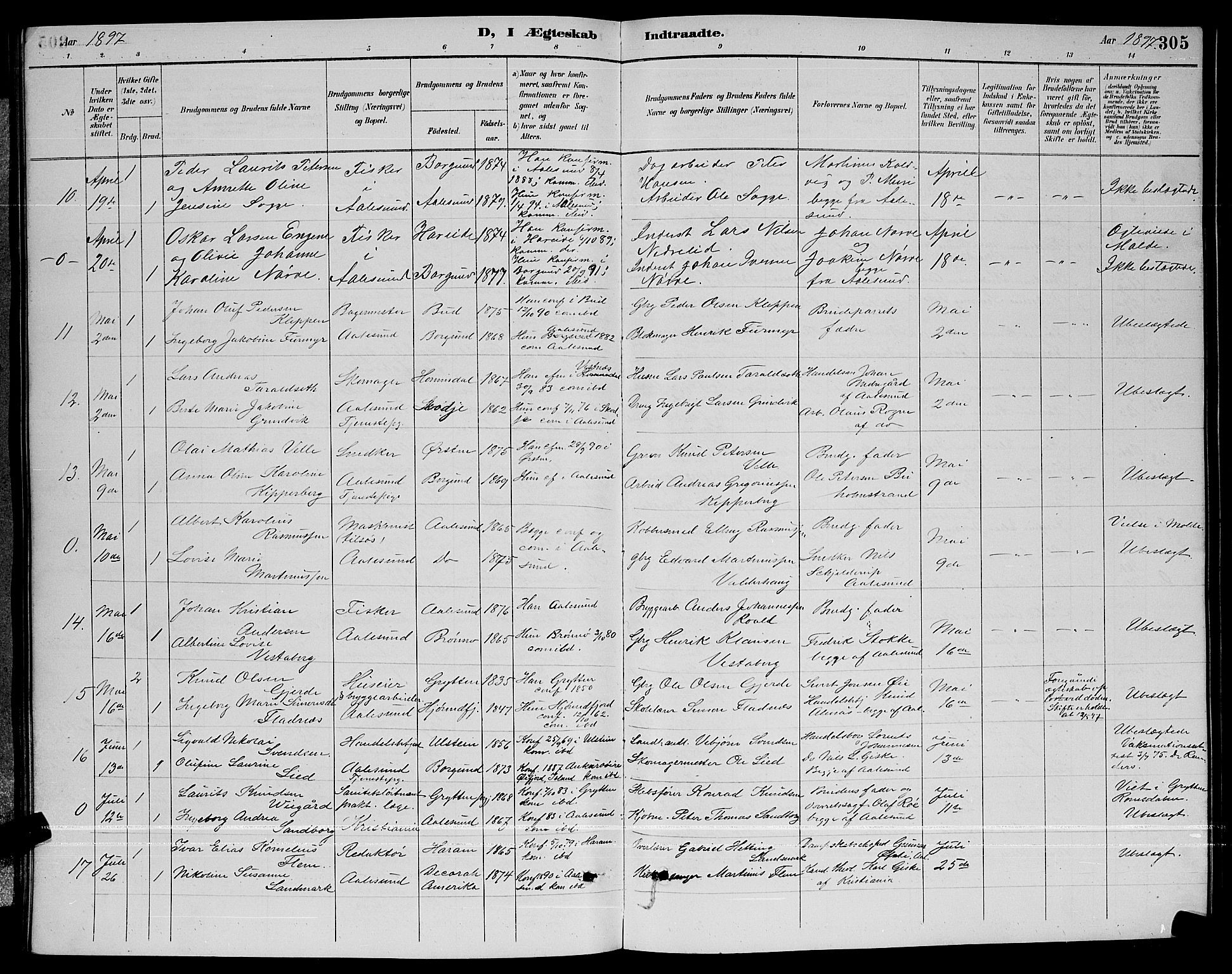 Ministerialprotokoller, klokkerbøker og fødselsregistre - Møre og Romsdal, AV/SAT-A-1454/529/L0467: Parish register (copy) no. 529C04, 1889-1897, p. 305