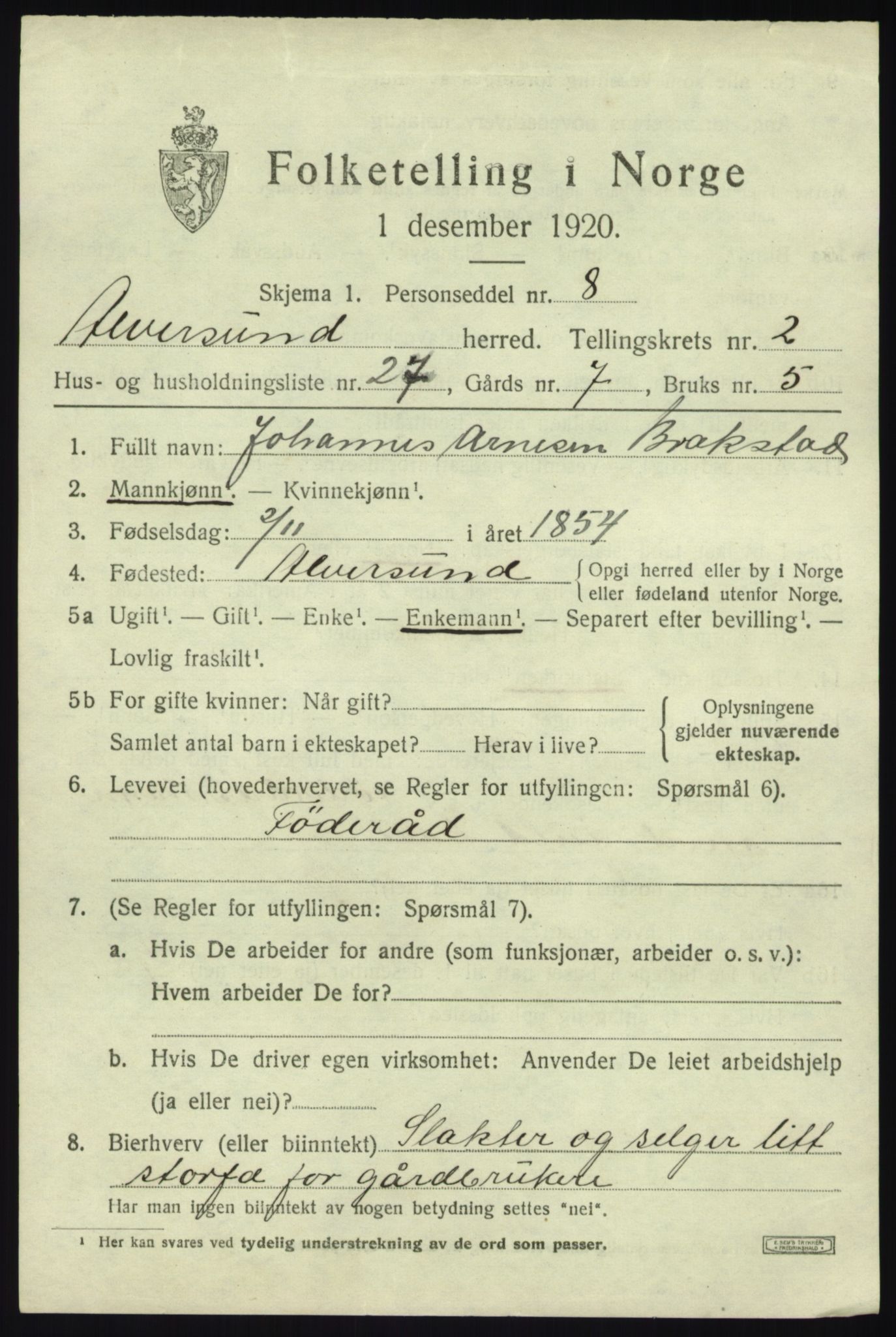 SAB, 1920 census for Alversund, 1920, p. 2002