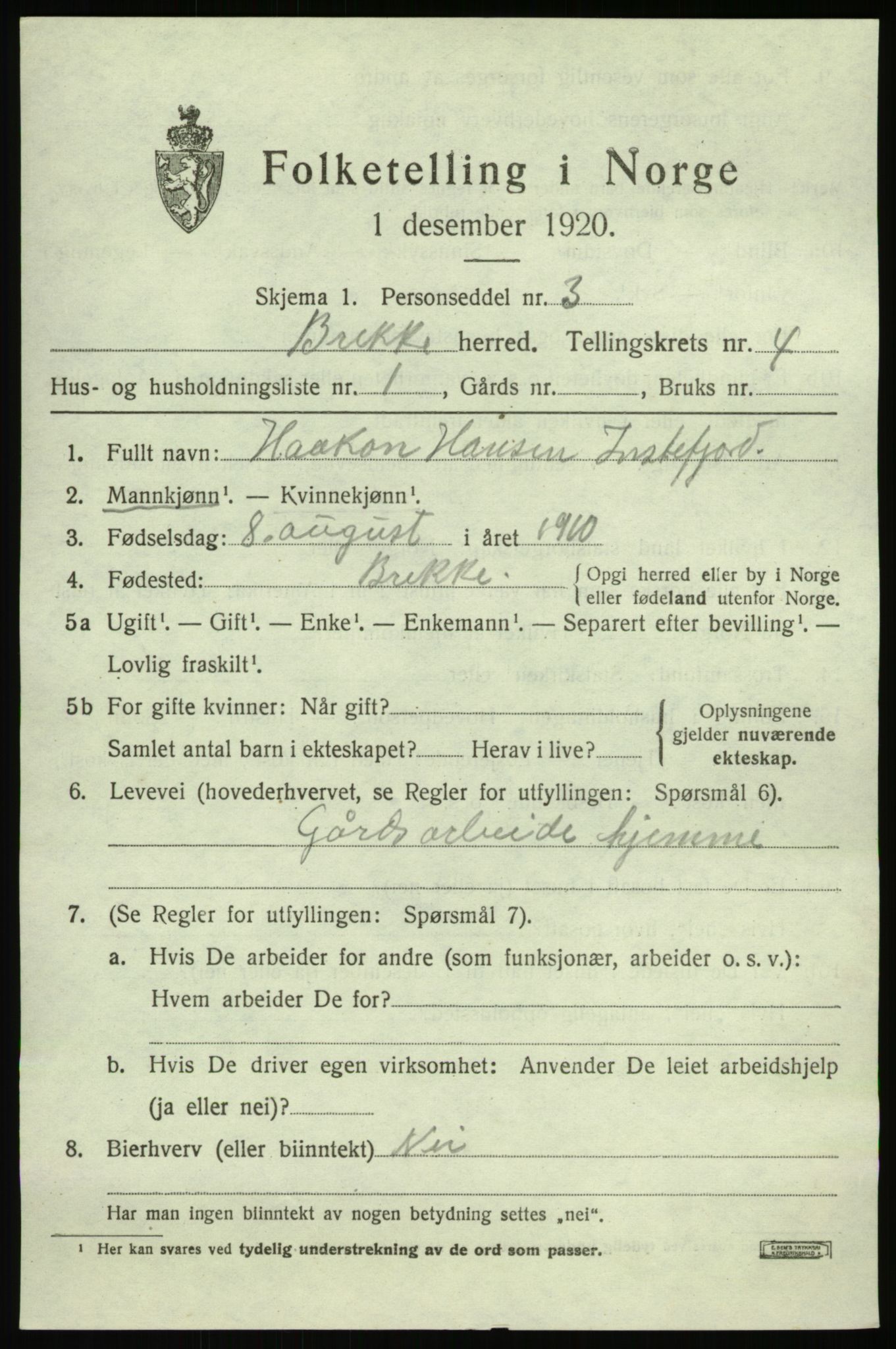 SAB, 1920 census for Brekke, 1920, p. 914