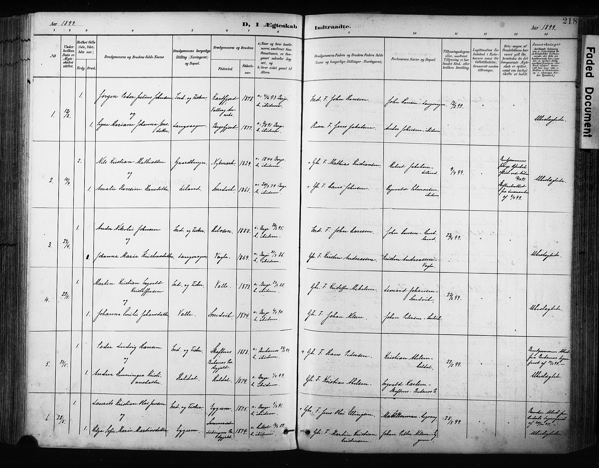 Ministerialprotokoller, klokkerbøker og fødselsregistre - Nordland, AV/SAT-A-1459/880/L1134: Parish register (official) no. 880A08, 1899-1908, p. 218