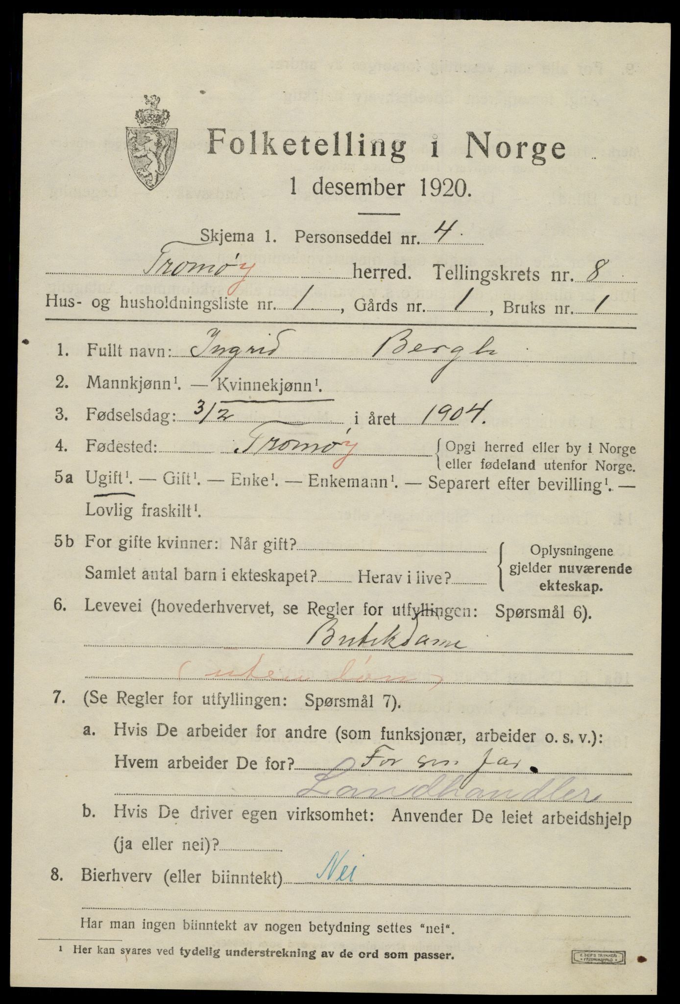 SAK, 1920 census for Tromøy, 1920, p. 5363