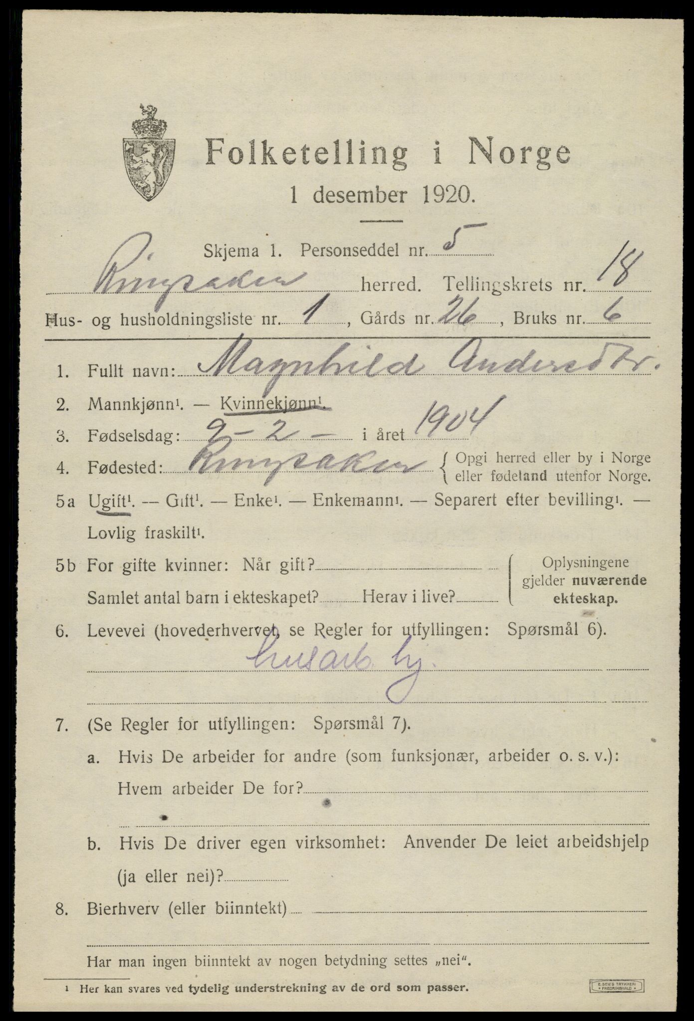 SAH, 1920 census for Ringsaker, 1920, p. 25068