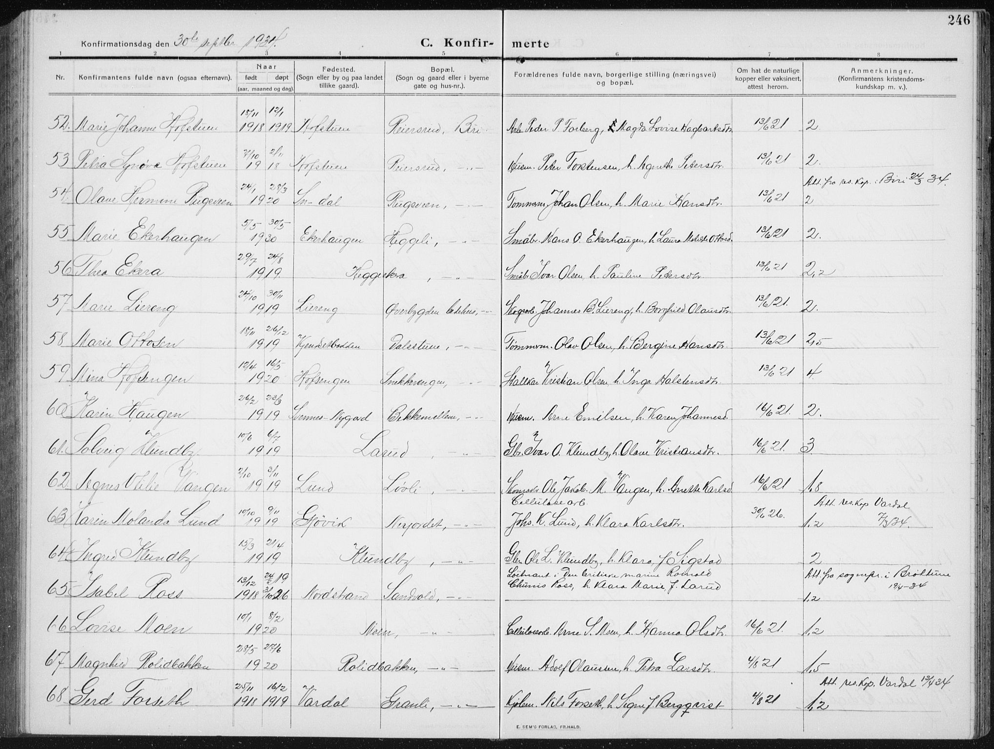 Biri prestekontor, AV/SAH-PREST-096/H/Ha/Hab/L0006: Parish register (copy) no. 6, 1909-1938, p. 246