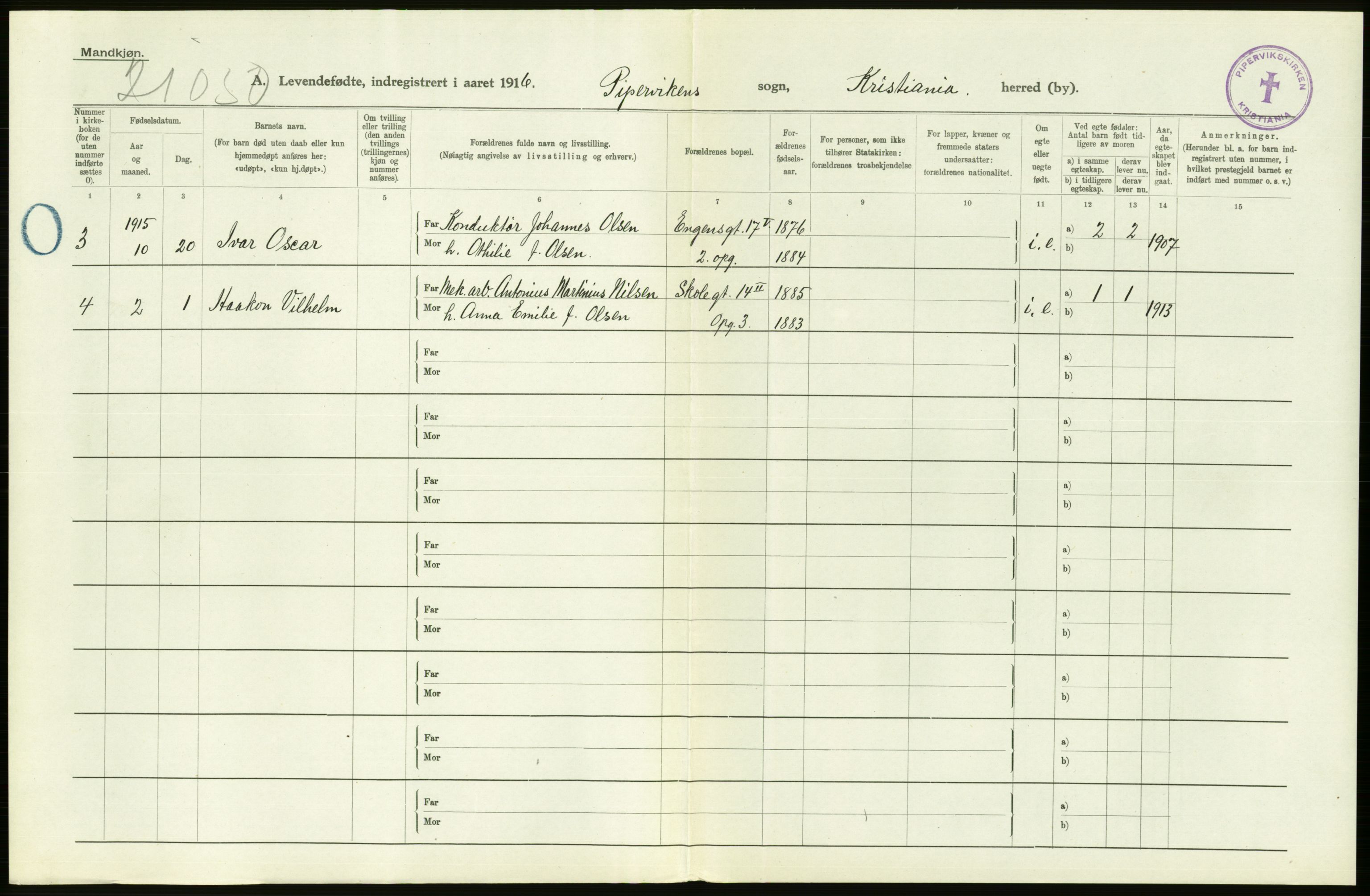 Statistisk sentralbyrå, Sosiodemografiske emner, Befolkning, AV/RA-S-2228/D/Df/Dfb/Dfbf/L0007: Kristiania: Levendefødte menn og kvinner., 1916, p. 486