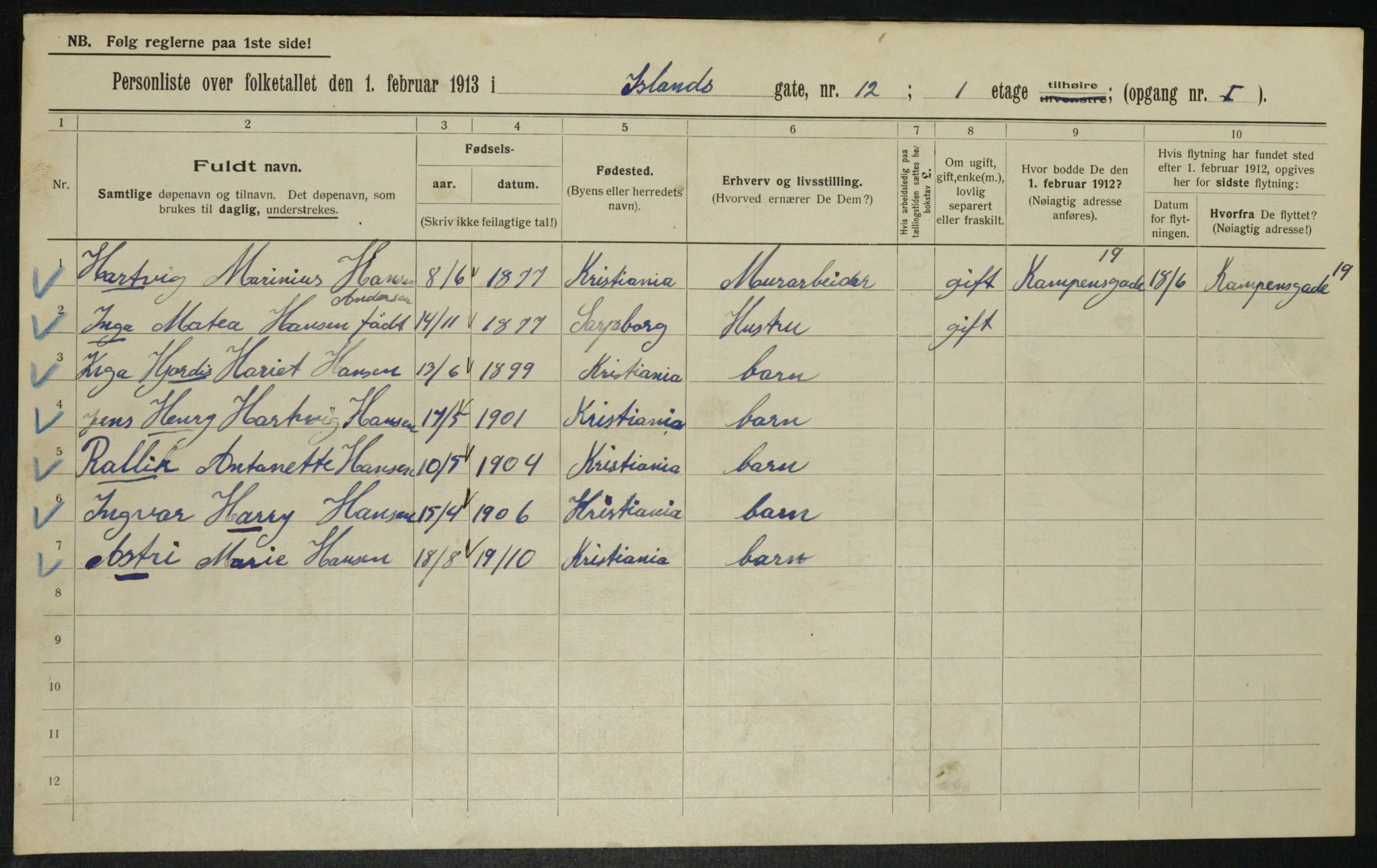 OBA, Municipal Census 1913 for Kristiania, 1913, p. 44501