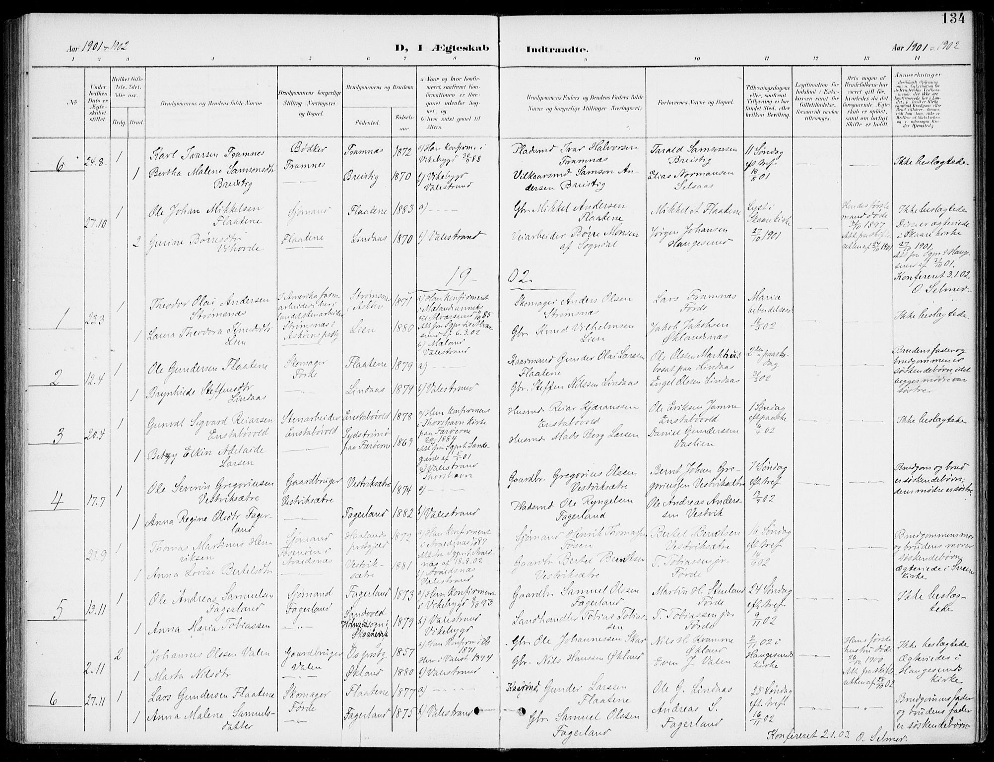 Sveio Sokneprestembete, SAB/A-78501/H/Haa: Parish register (official) no. C 3, 1899-1916, p. 134