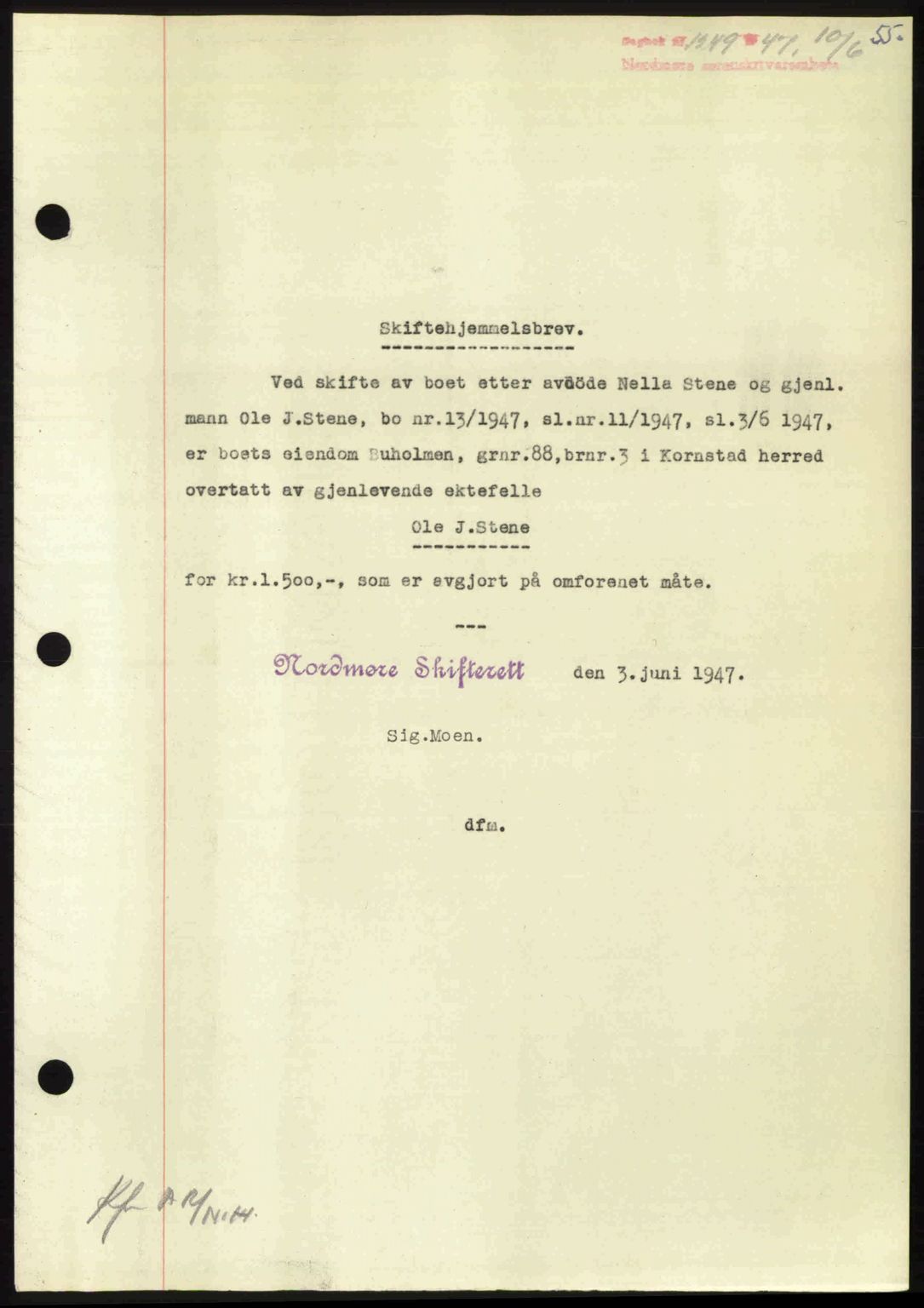 Nordmøre sorenskriveri, AV/SAT-A-4132/1/2/2Ca: Mortgage book no. A105, 1947-1947, Diary no: : 1249/1947