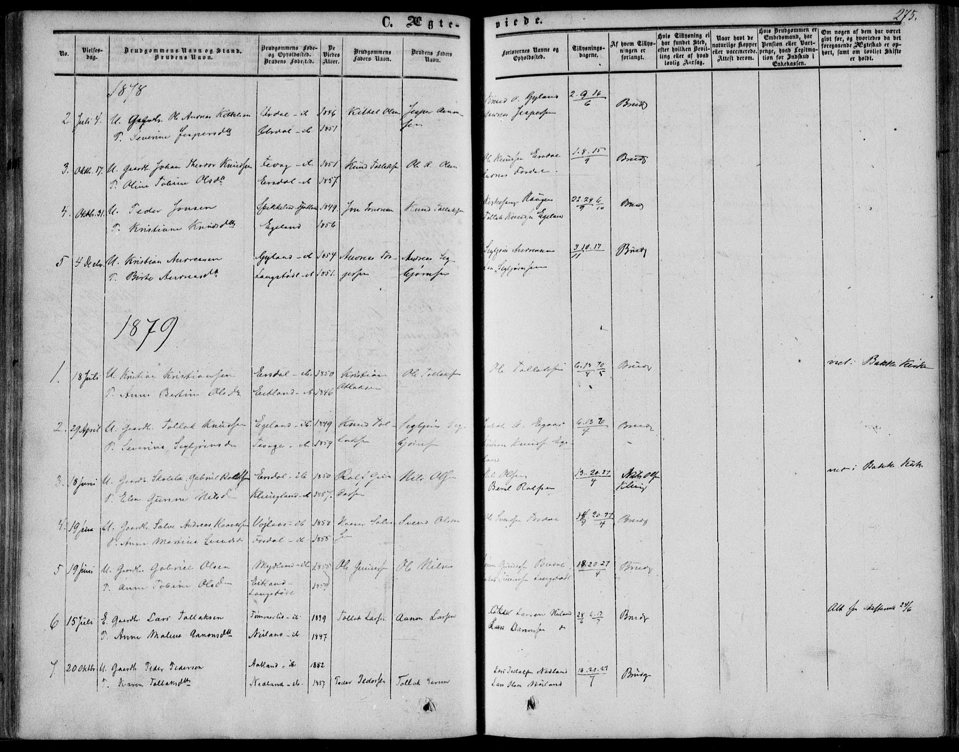 Bakke sokneprestkontor, SAK/1111-0002/F/Fa/Fab/L0002: Parish register (official) no. A 2, 1855-1884, p. 275