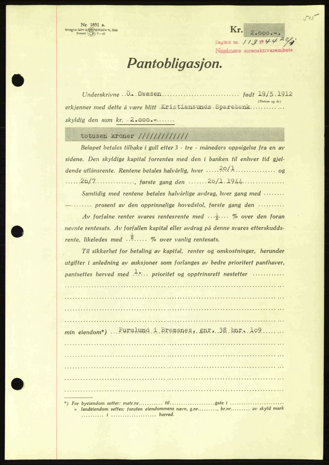 Nordmøre sorenskriveri, AV/SAT-A-4132/1/2/2Ca: Mortgage book no. B91, 1943-1944, Diary no: : 113/1944