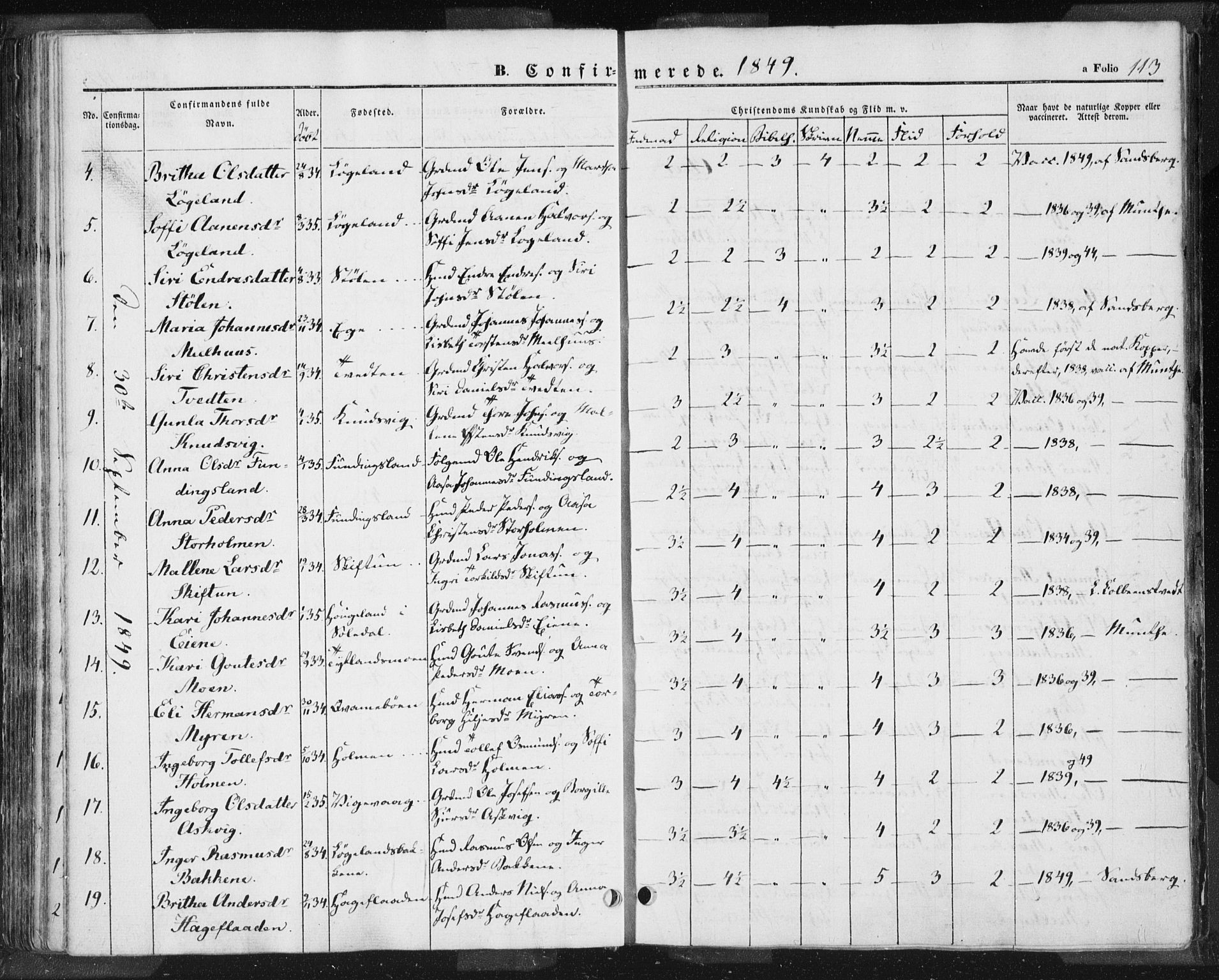 Hjelmeland sokneprestkontor, AV/SAST-A-101843/01/IV/L0009: Parish register (official) no. A 9, 1846-1860, p. 113