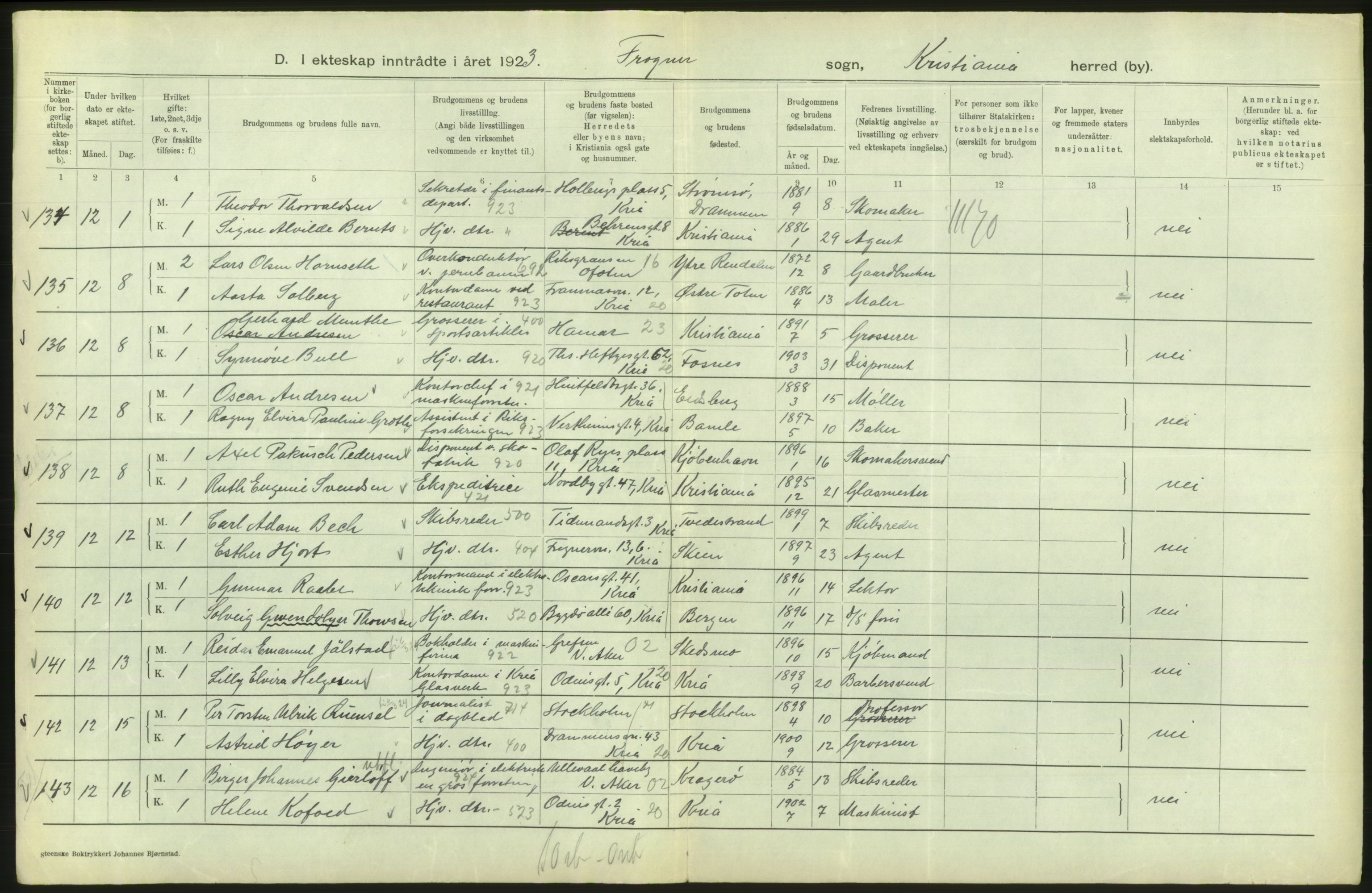 Statistisk sentralbyrå, Sosiodemografiske emner, Befolkning, AV/RA-S-2228/D/Df/Dfc/Dfcc/L0008: Kristiania: Gifte, 1923, p. 328