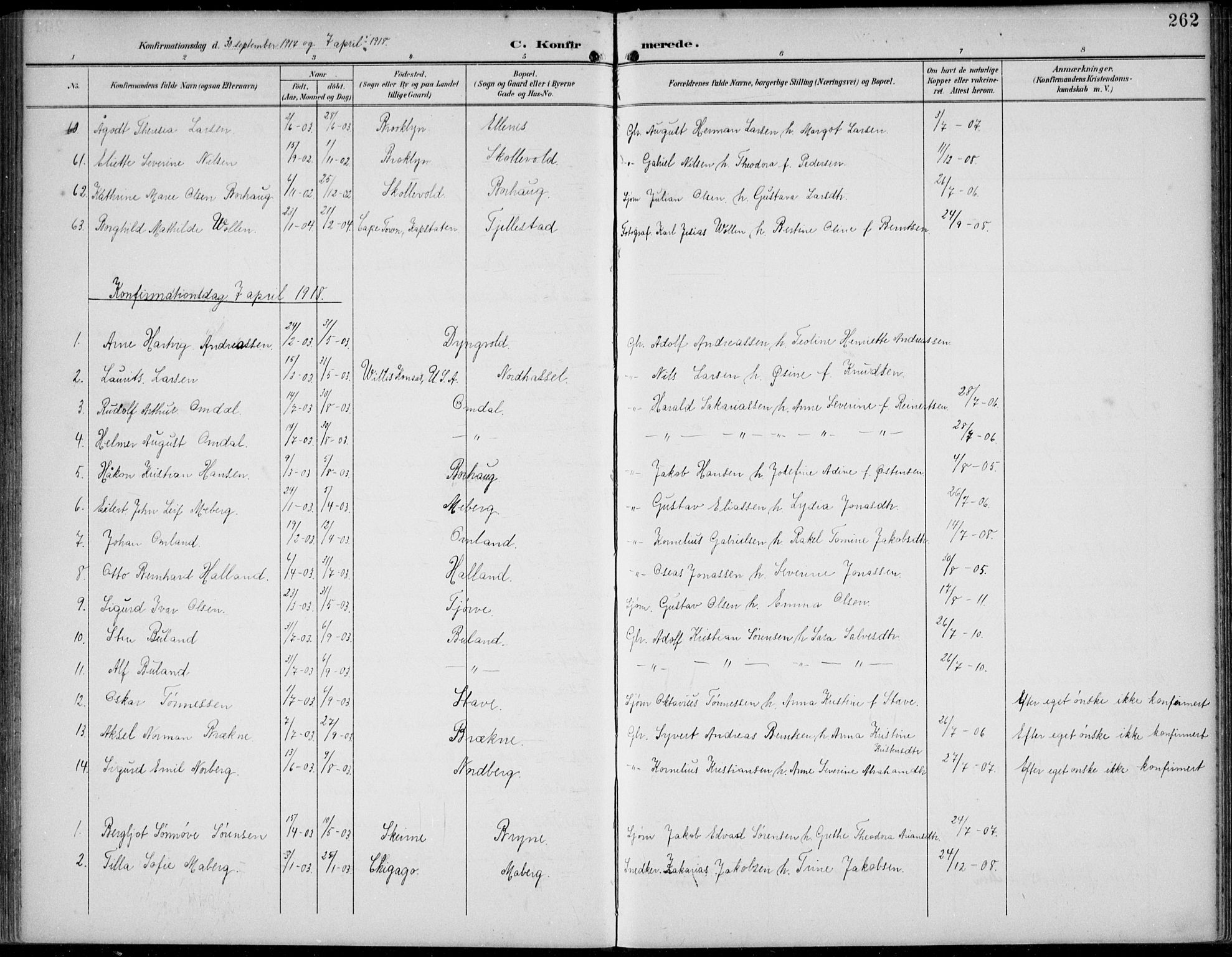 Lista sokneprestkontor, SAK/1111-0027/F/Fb/L0005: Parish register (copy) no. B 5, 1892-1923, p. 262