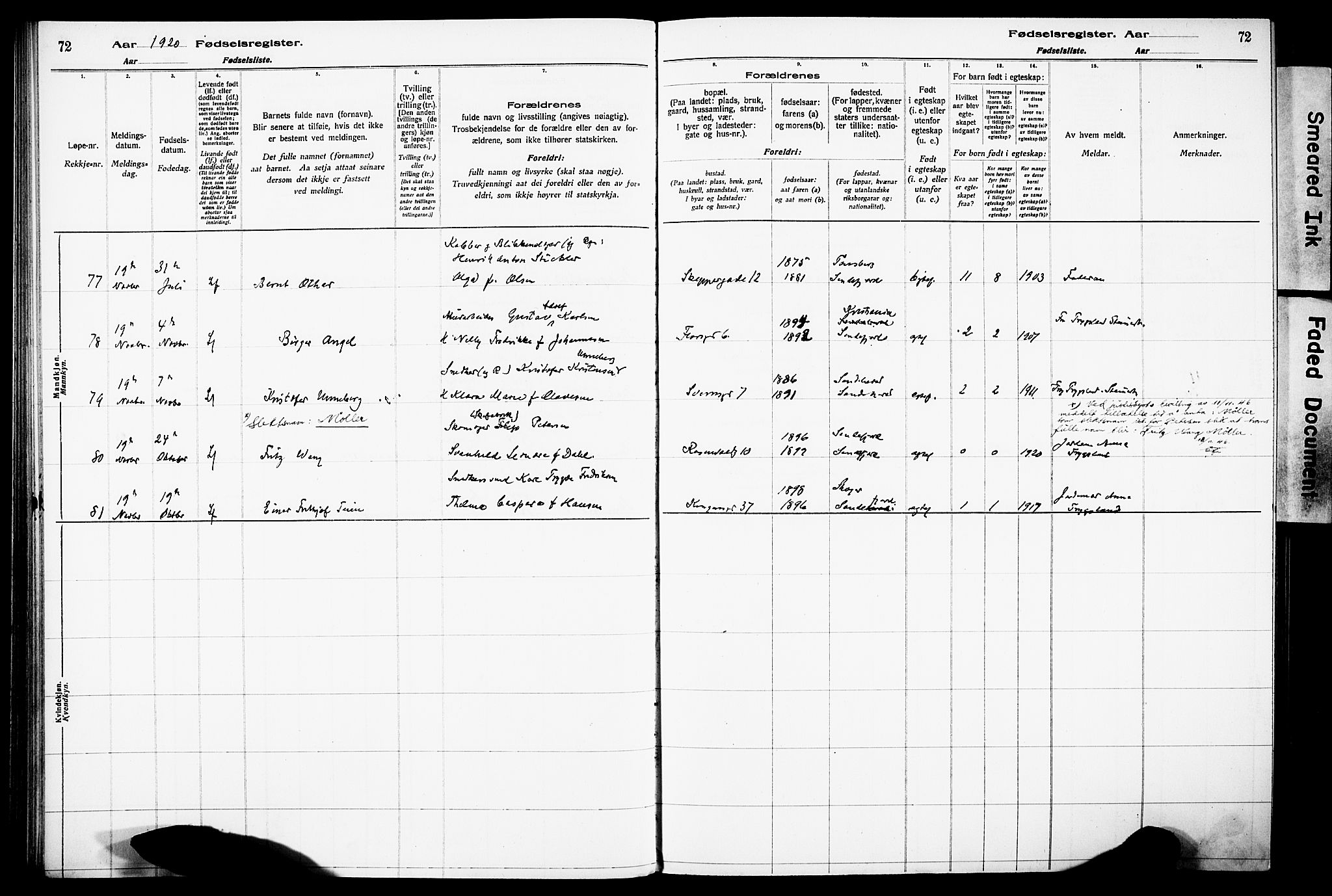 Sandefjord kirkebøker, AV/SAKO-A-315/J/Ja/L0001: Birth register no. 1, 1916-1932, p. 72