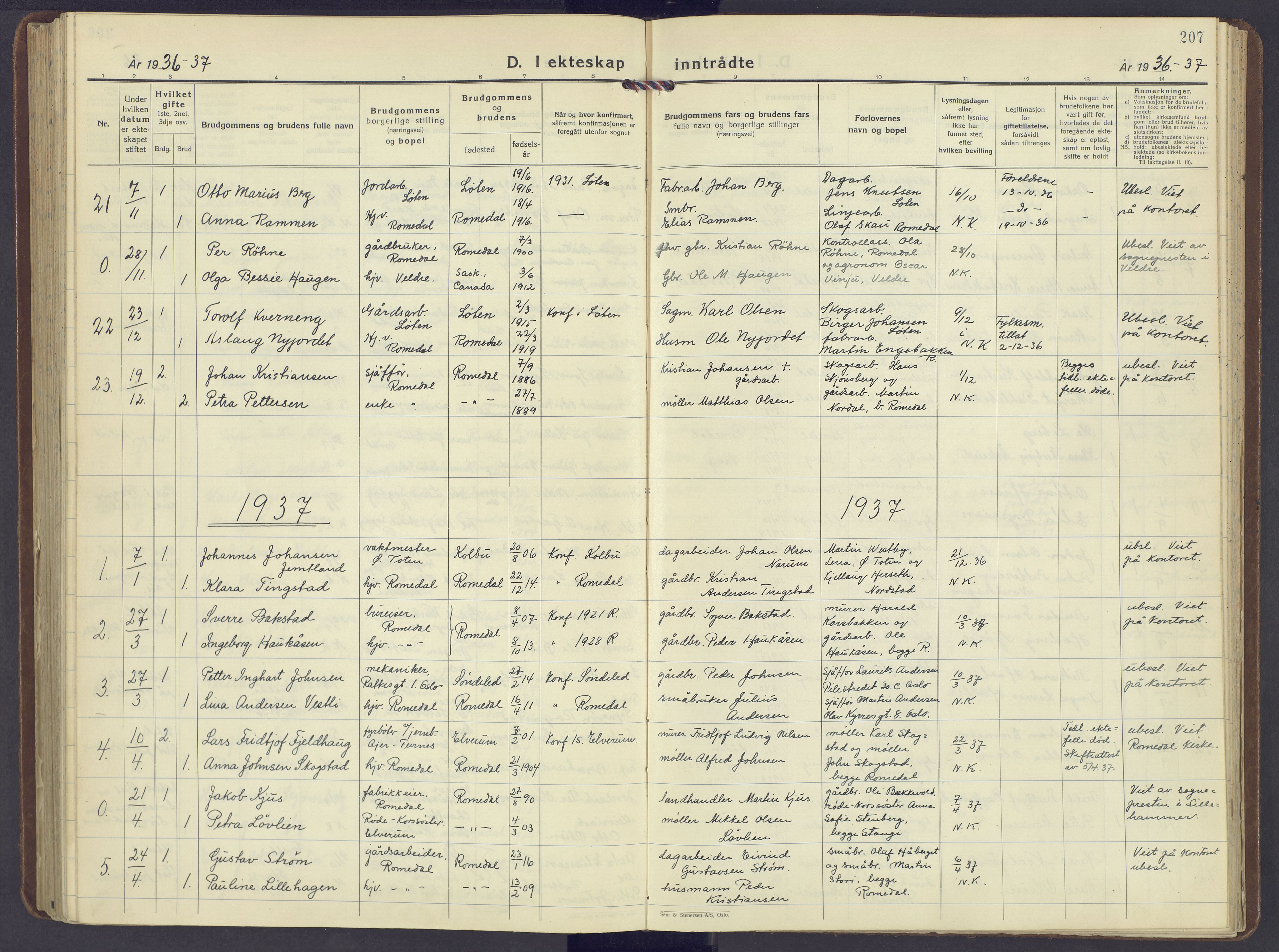 Romedal prestekontor, SAH/PREST-004/K/L0014: Parish register (official) no. 14, 1936-1949, p. 207