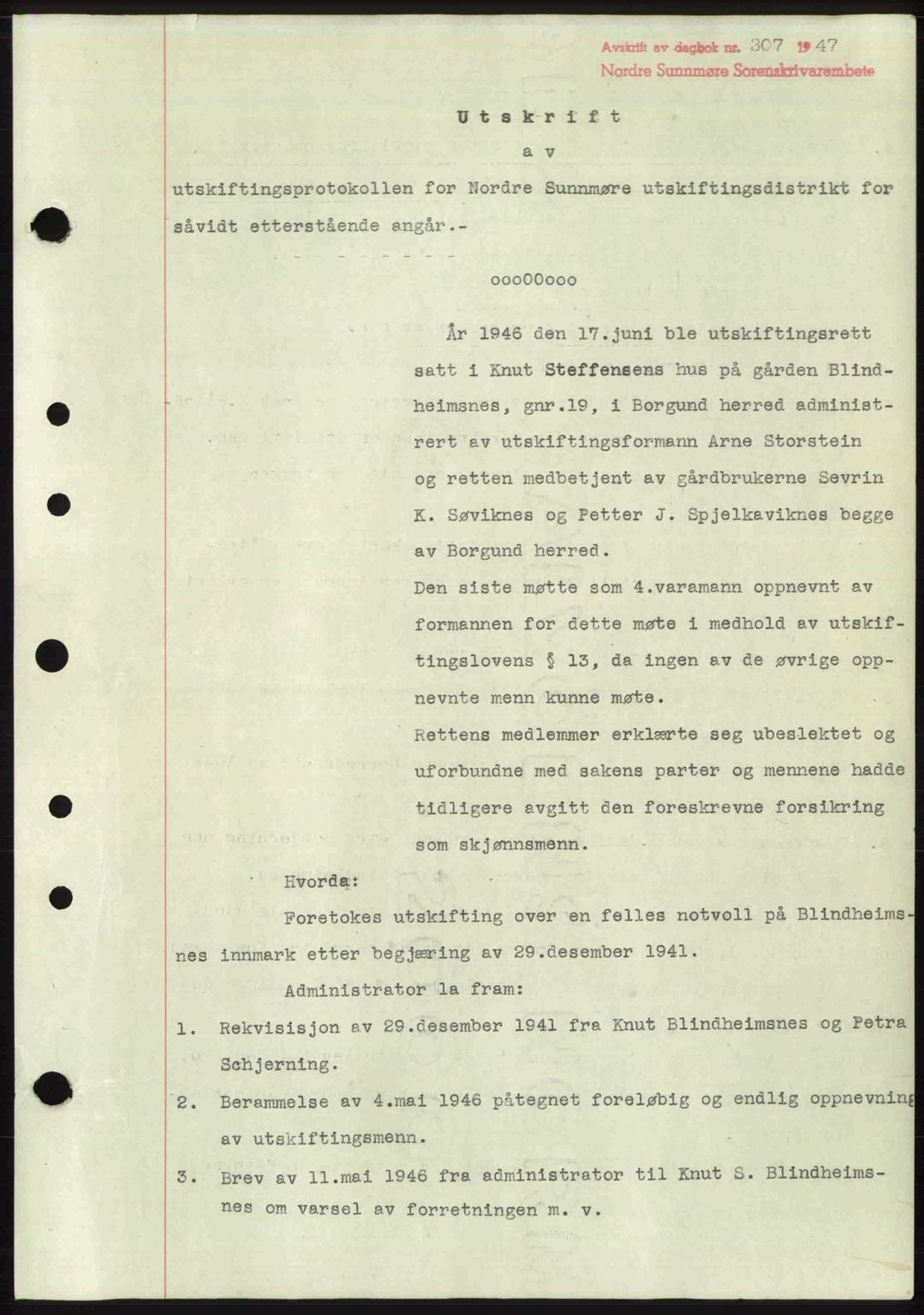 Nordre Sunnmøre sorenskriveri, AV/SAT-A-0006/1/2/2C/2Ca: Mortgage book no. A24, 1947-1947, Diary no: : 307/1947