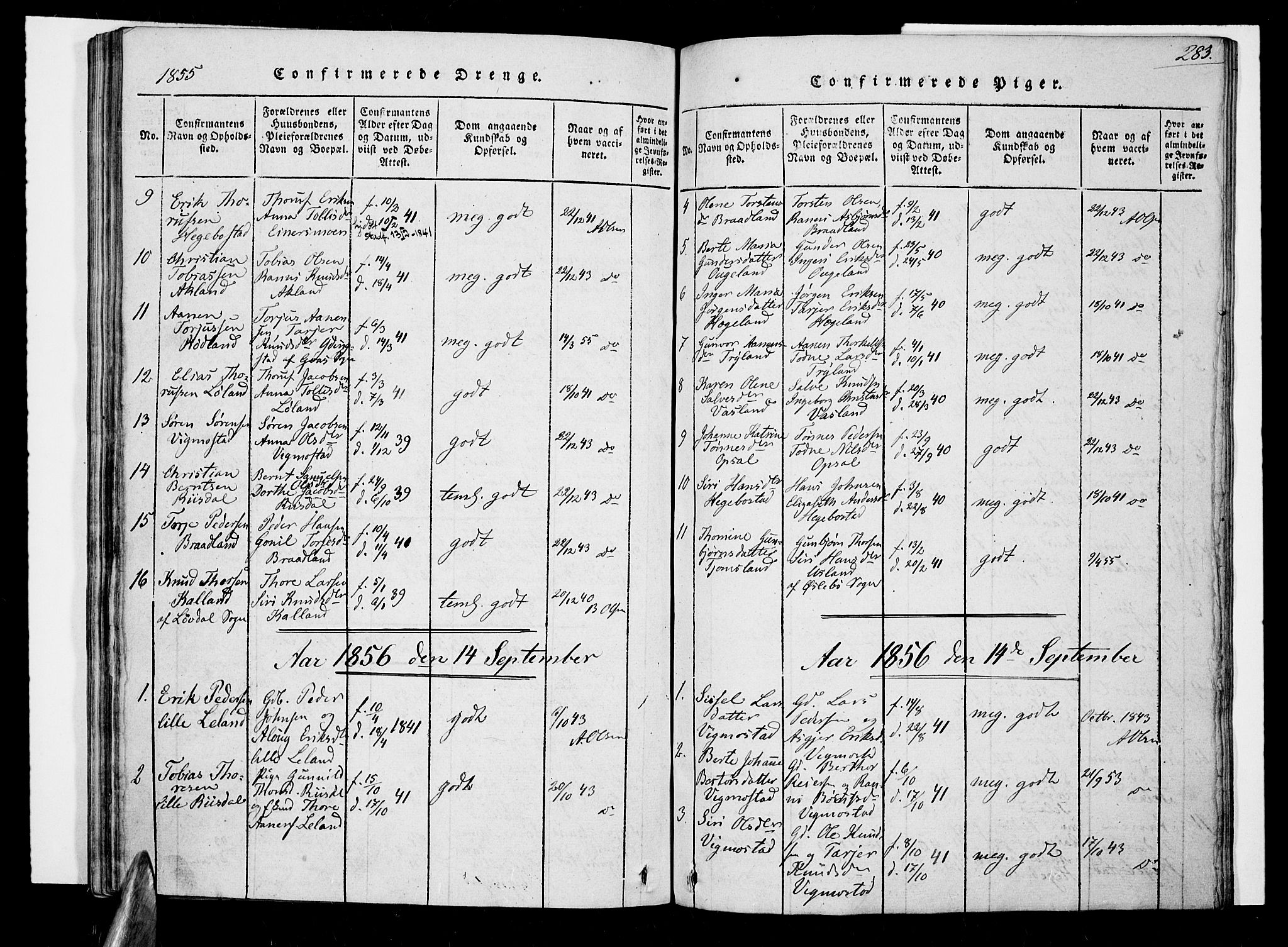 Nord-Audnedal sokneprestkontor, SAK/1111-0032/F/Fa/Fab/L0001: Parish register (official) no. A 1, 1816-1858, p. 283