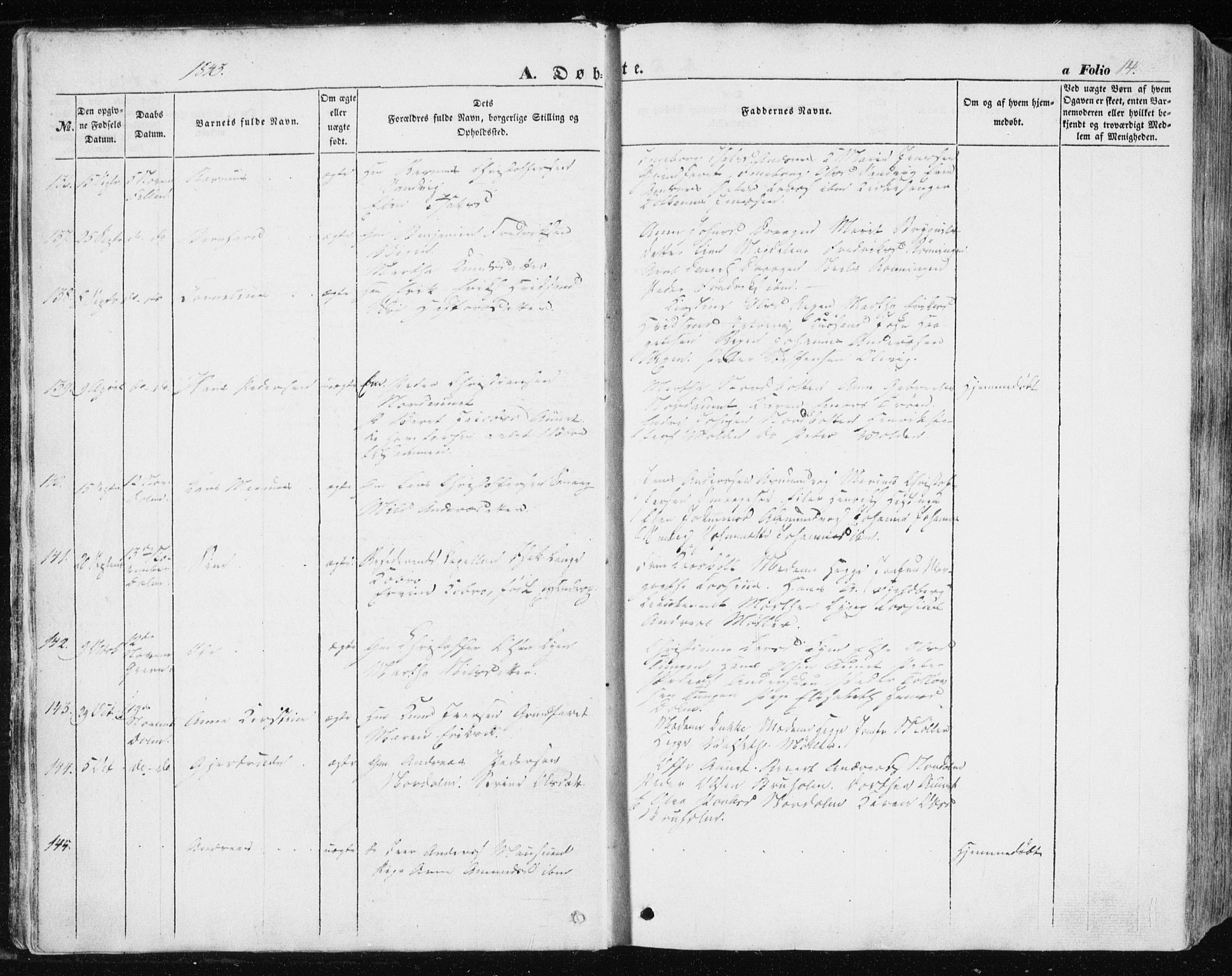 Ministerialprotokoller, klokkerbøker og fødselsregistre - Sør-Trøndelag, SAT/A-1456/634/L0529: Parish register (official) no. 634A05, 1843-1851, p. 14