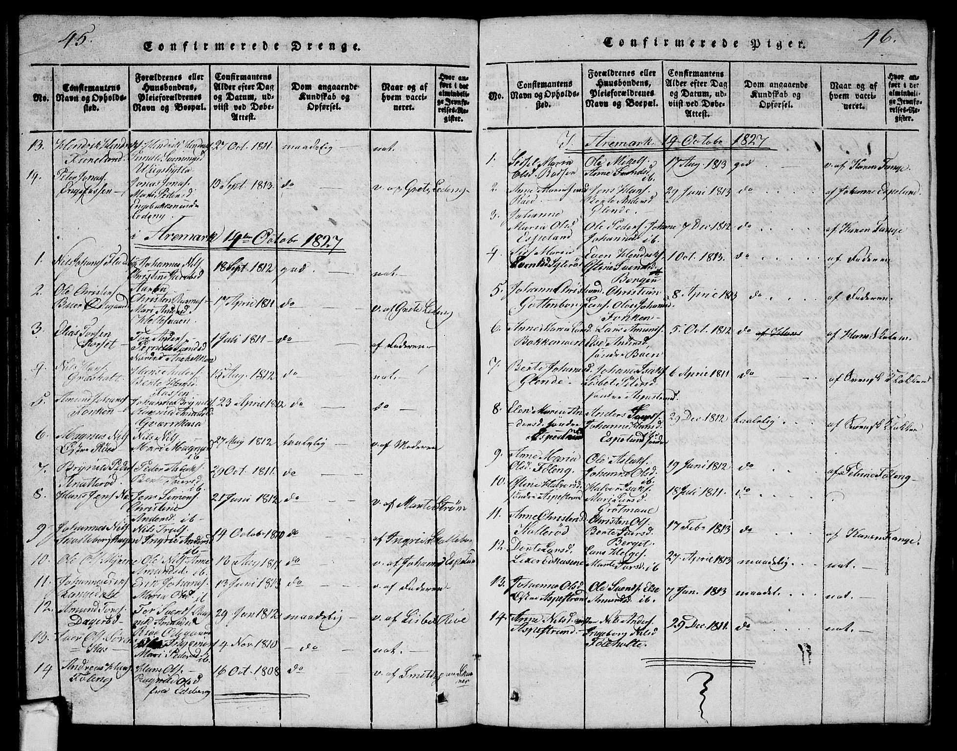 Aremark prestekontor Kirkebøker, AV/SAO-A-10899/G/Ga/L0001: Parish register (copy) no.  I 1, 1814-1834, p. 45-46