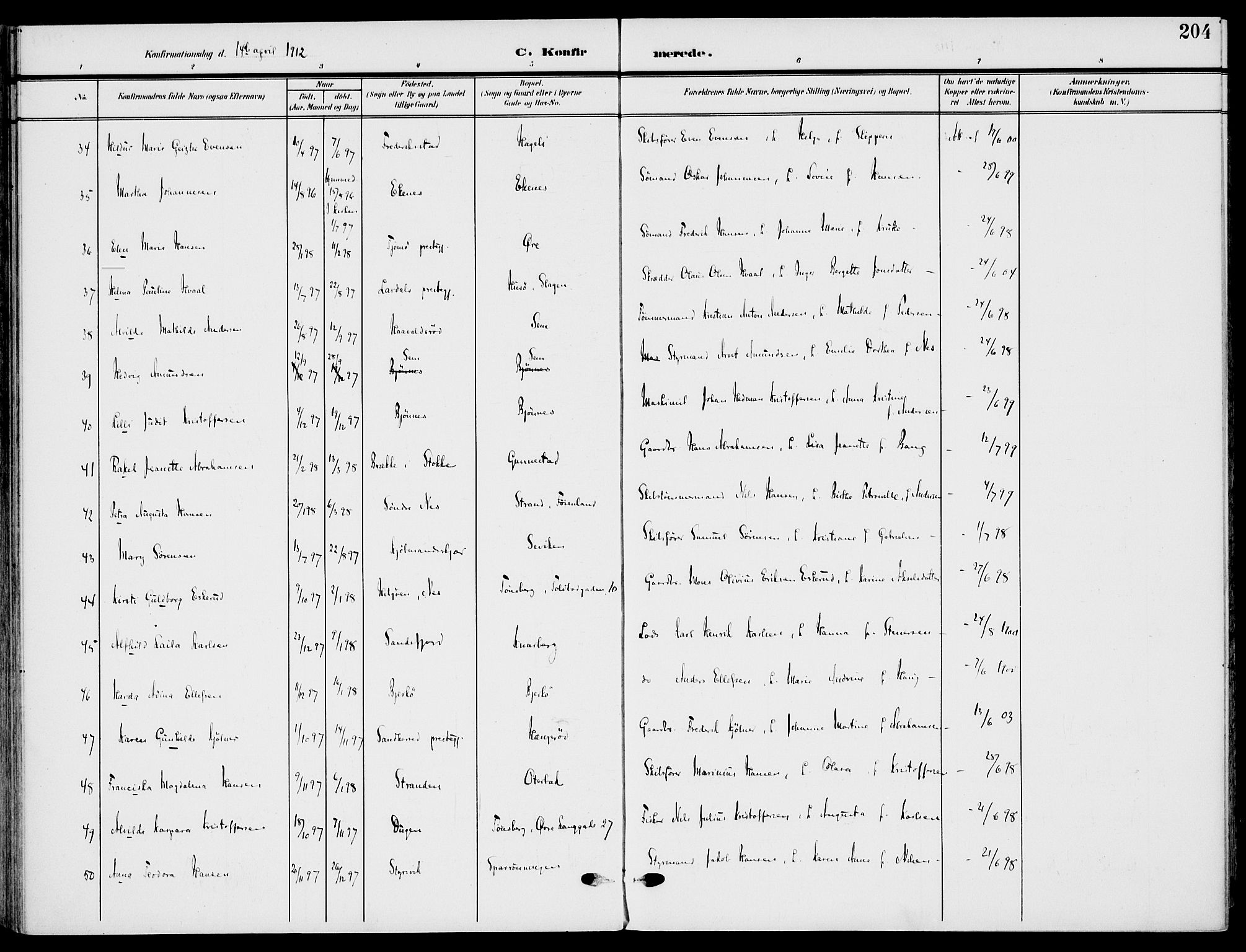 Nøtterøy kirkebøker, AV/SAKO-A-354/F/Fa/L0010: Parish register (official) no. I 10, 1908-1919, p. 204