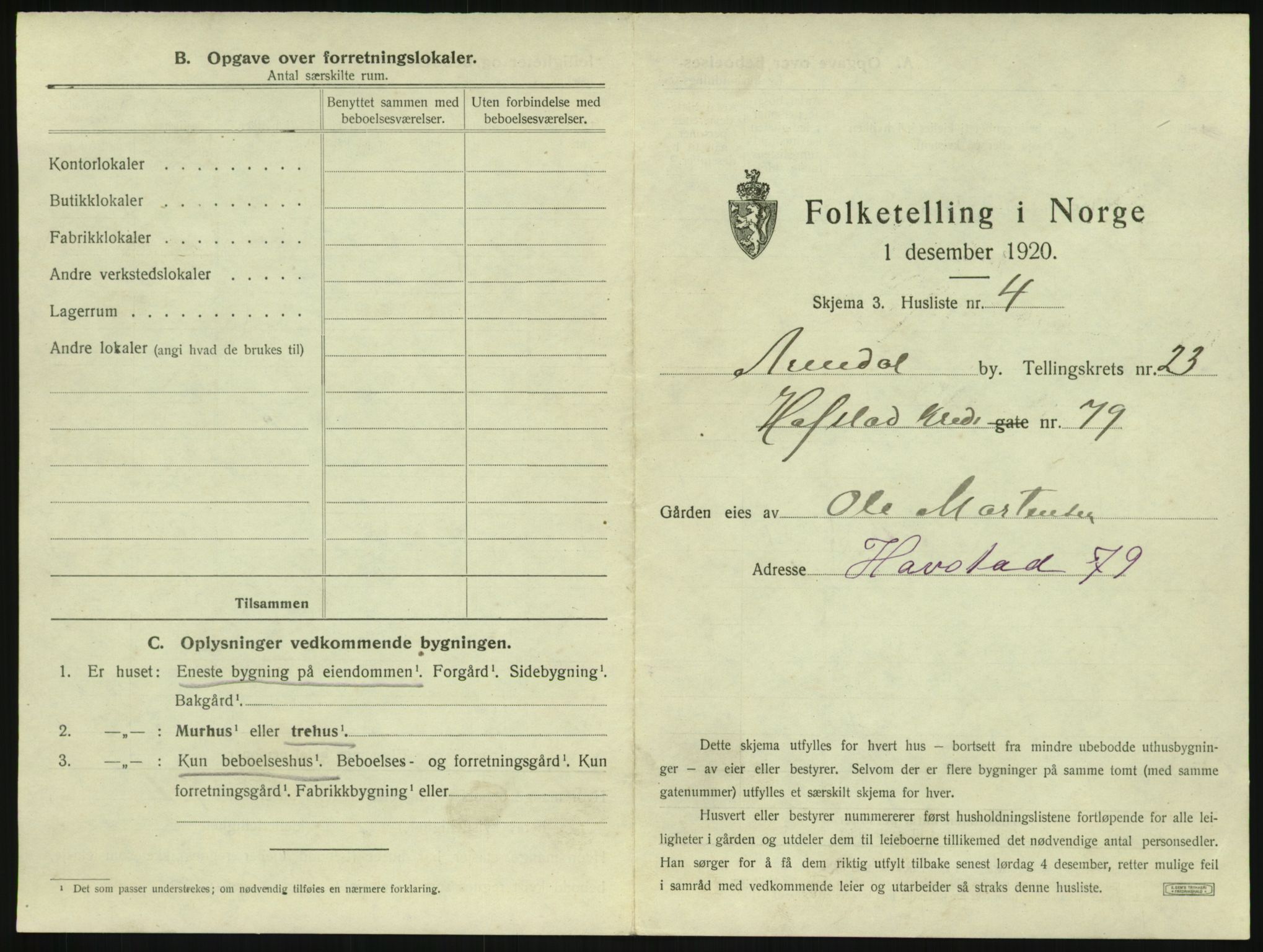 SAK, 1920 census for Arendal, 1920, p. 3568