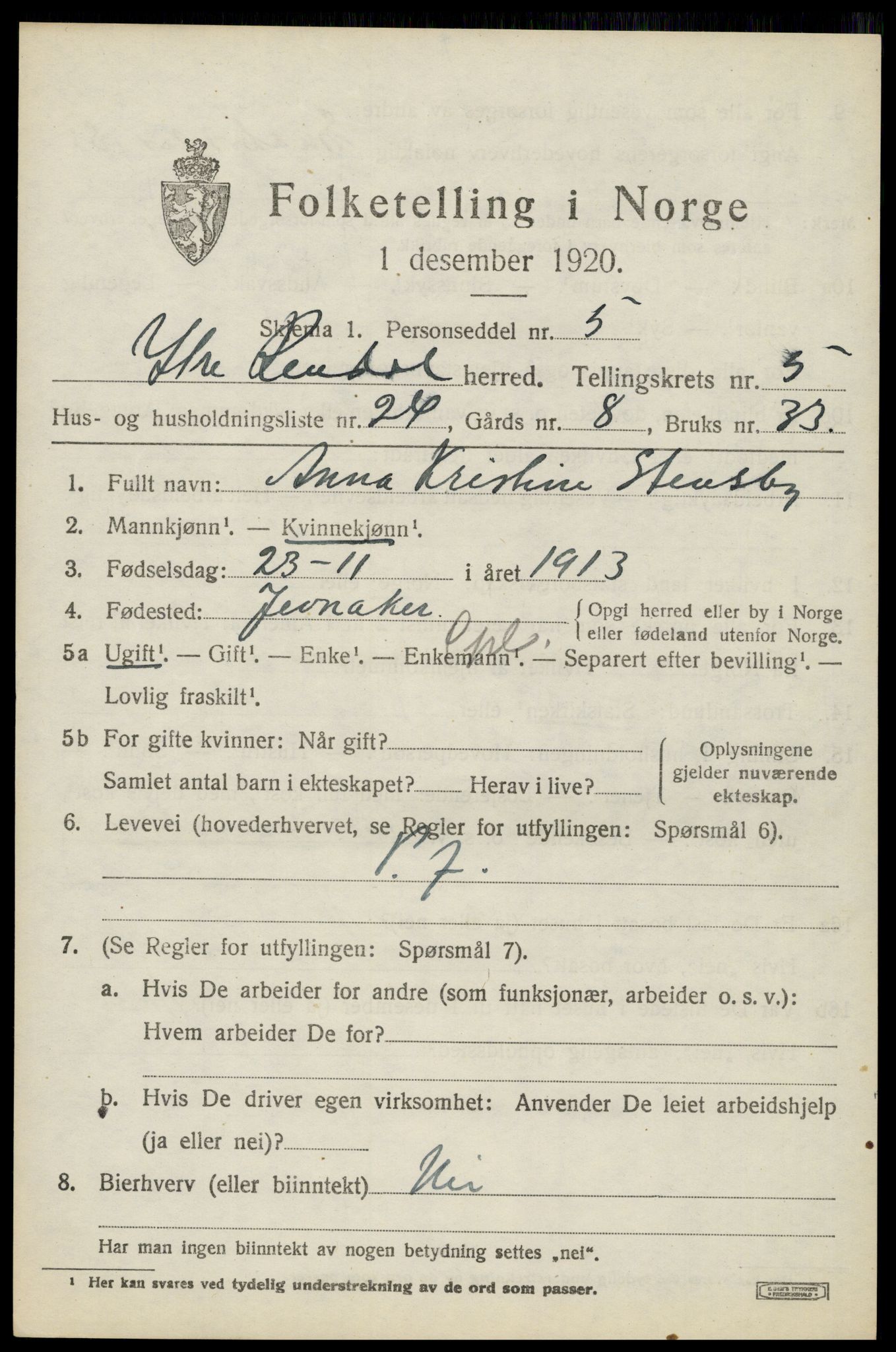 SAH, 1920 census for Ytre Rendal, 1920, p. 2919