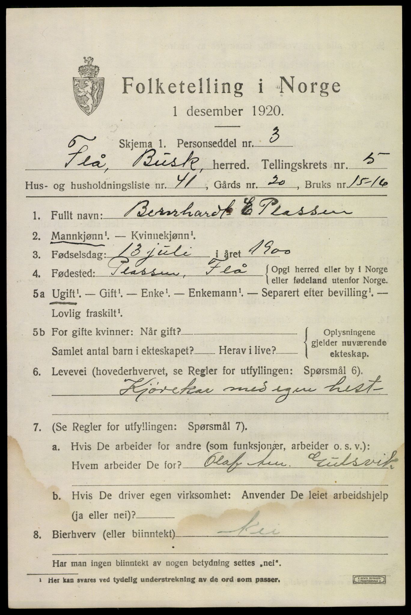 SAKO, 1920 census for Flå, 1920, p. 3559