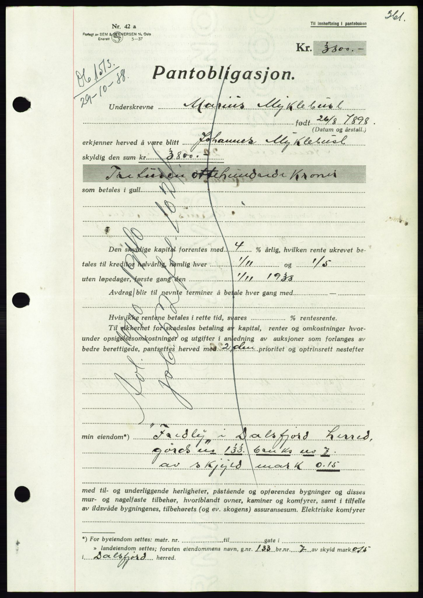 Søre Sunnmøre sorenskriveri, AV/SAT-A-4122/1/2/2C/L0066: Mortgage book no. 60, 1938-1938, Diary no: : 1513/1938