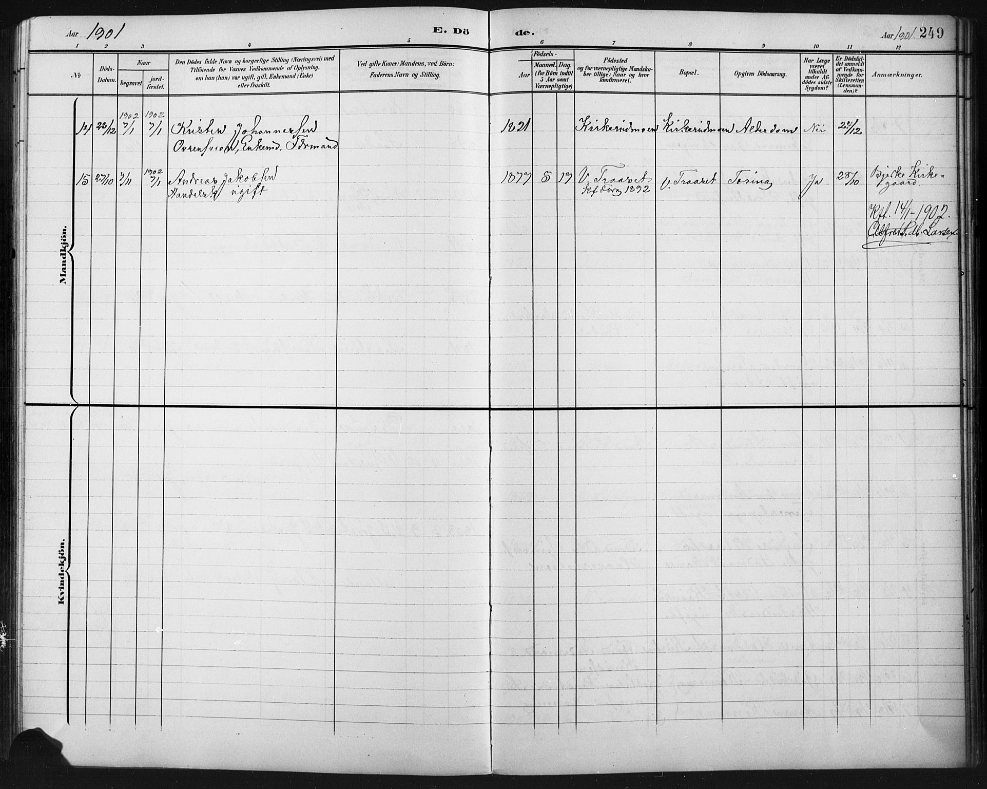 Fåberg prestekontor, SAH/PREST-086/H/Ha/Hab/L0011: Parish register (copy) no. 11, 1901-1921, p. 249
