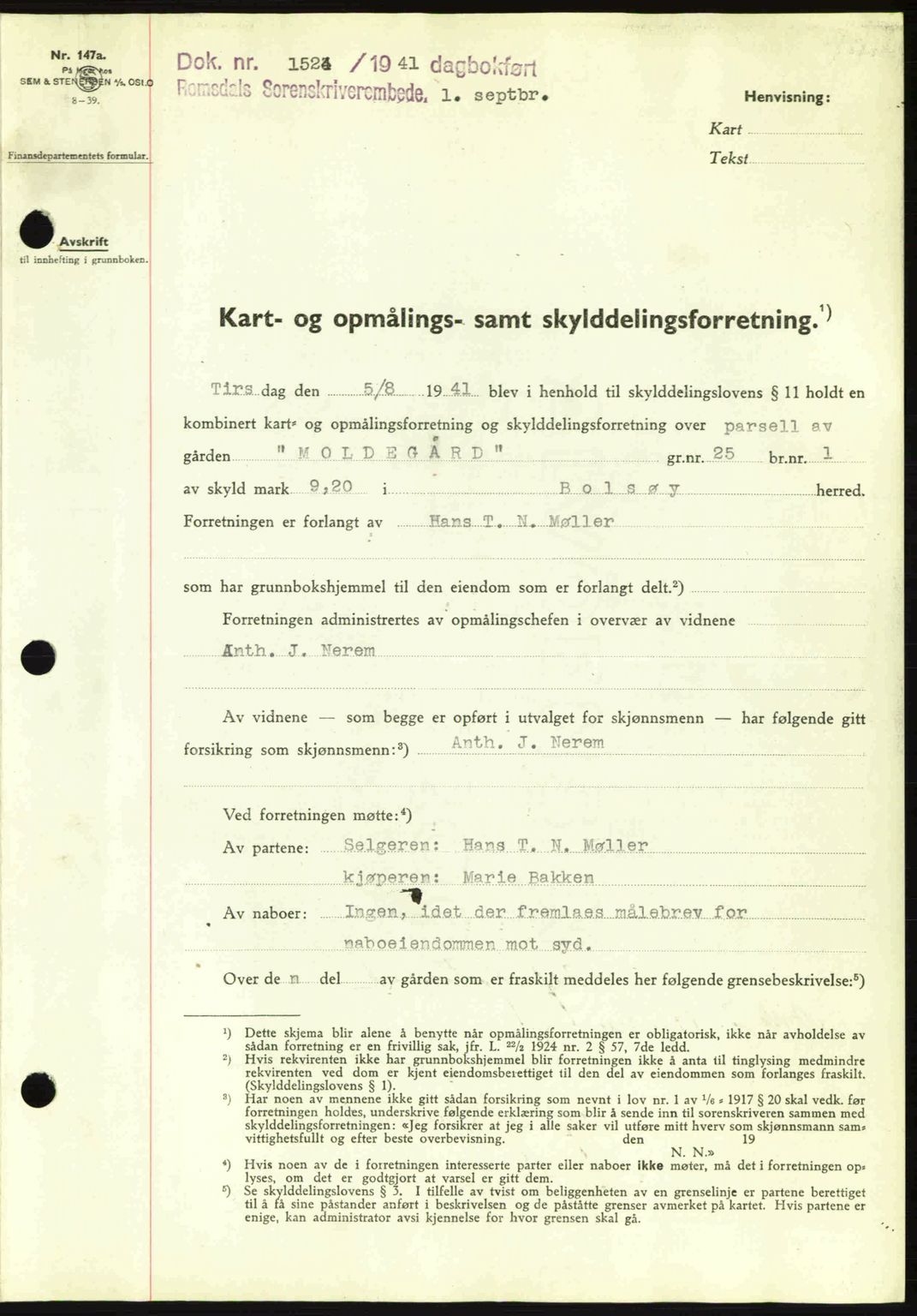 Romsdal sorenskriveri, AV/SAT-A-4149/1/2/2C: Mortgage book no. A10, 1941-1941, Diary no: : 1524/1941