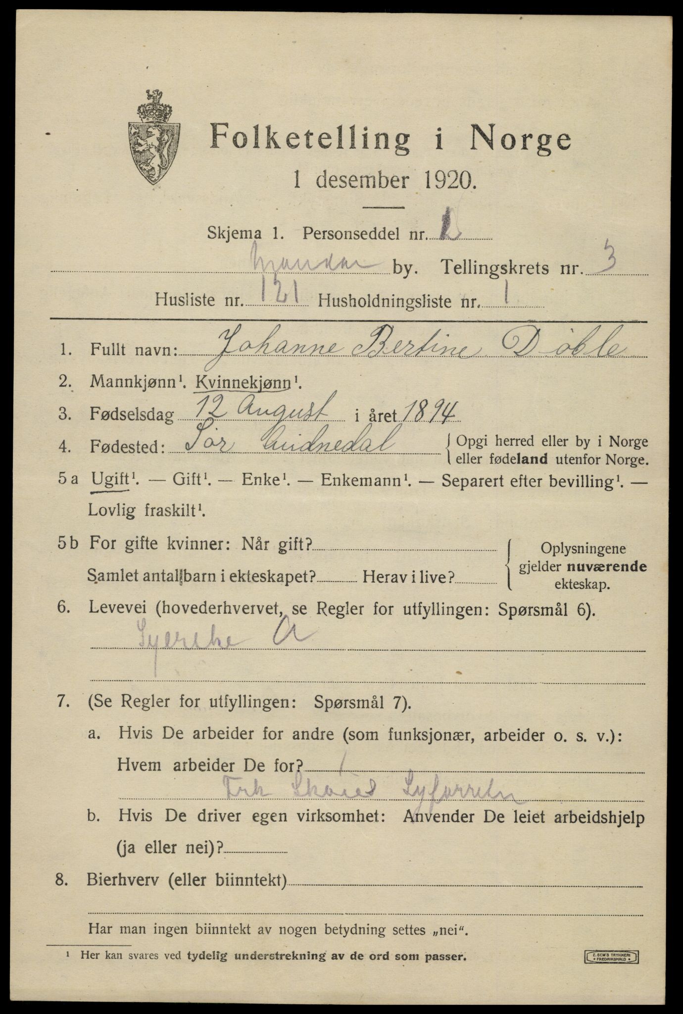 SAK, 1920 census for Mandal, 1920, p. 6825