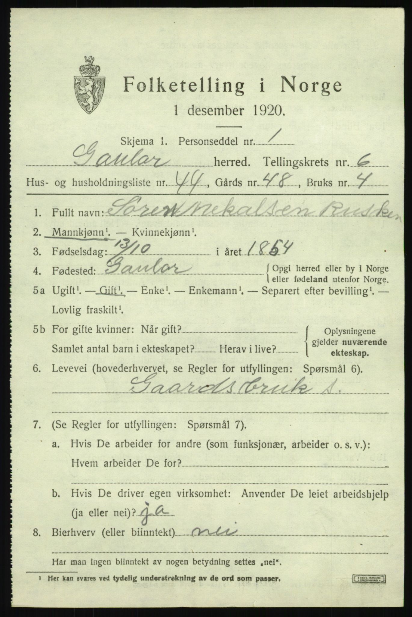 SAB, 1920 census for Gaular, 1920, p. 3434