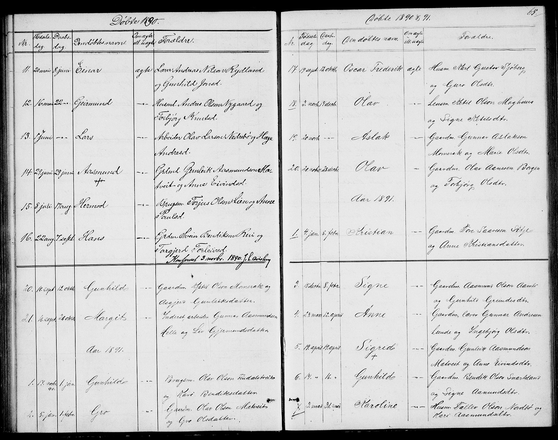 Fyresdal kirkebøker, SAKO/A-263/G/Ga/L0004: Parish register (copy) no. I 4, 1864-1892, p. 65