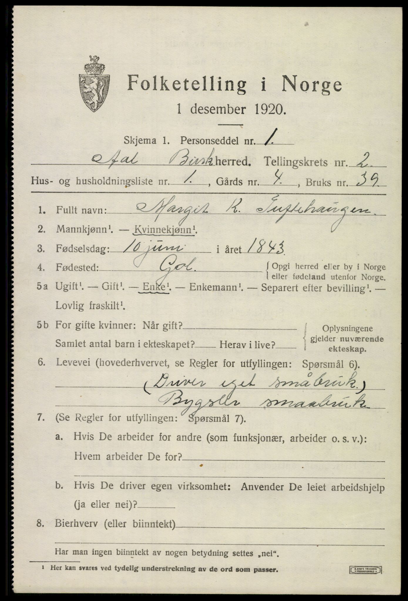 SAKO, 1920 census for Ål, 1920, p. 1804