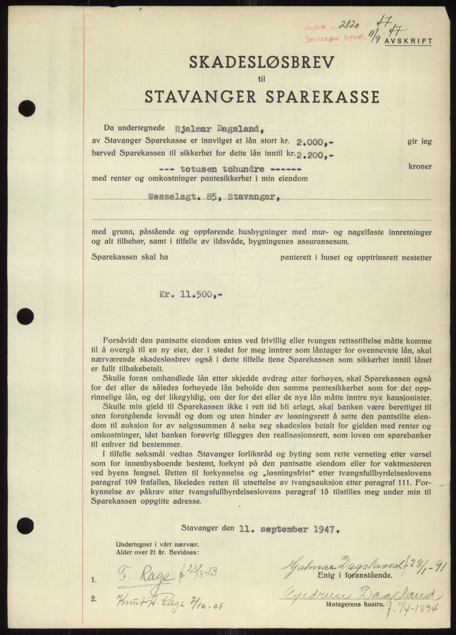 Stavanger byrett, SAST/A-100455/002/G/Gb/L0032: Mortgage book, 1947-1950, Diary no: : 2120/1947