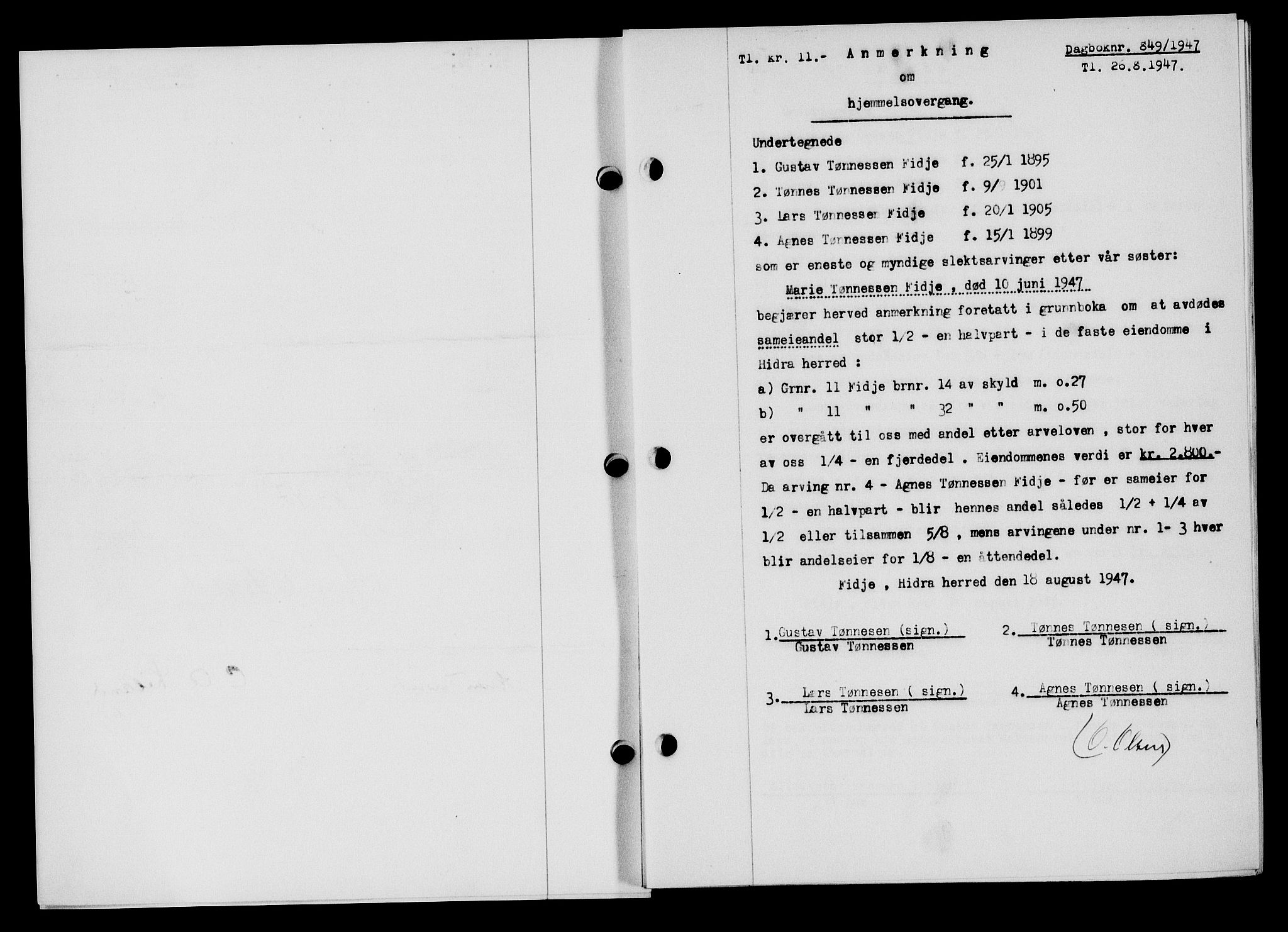Flekkefjord sorenskriveri, SAK/1221-0001/G/Gb/Gba/L0062: Mortgage book no. A-10, 1947-1947, Diary no: : 849/1947