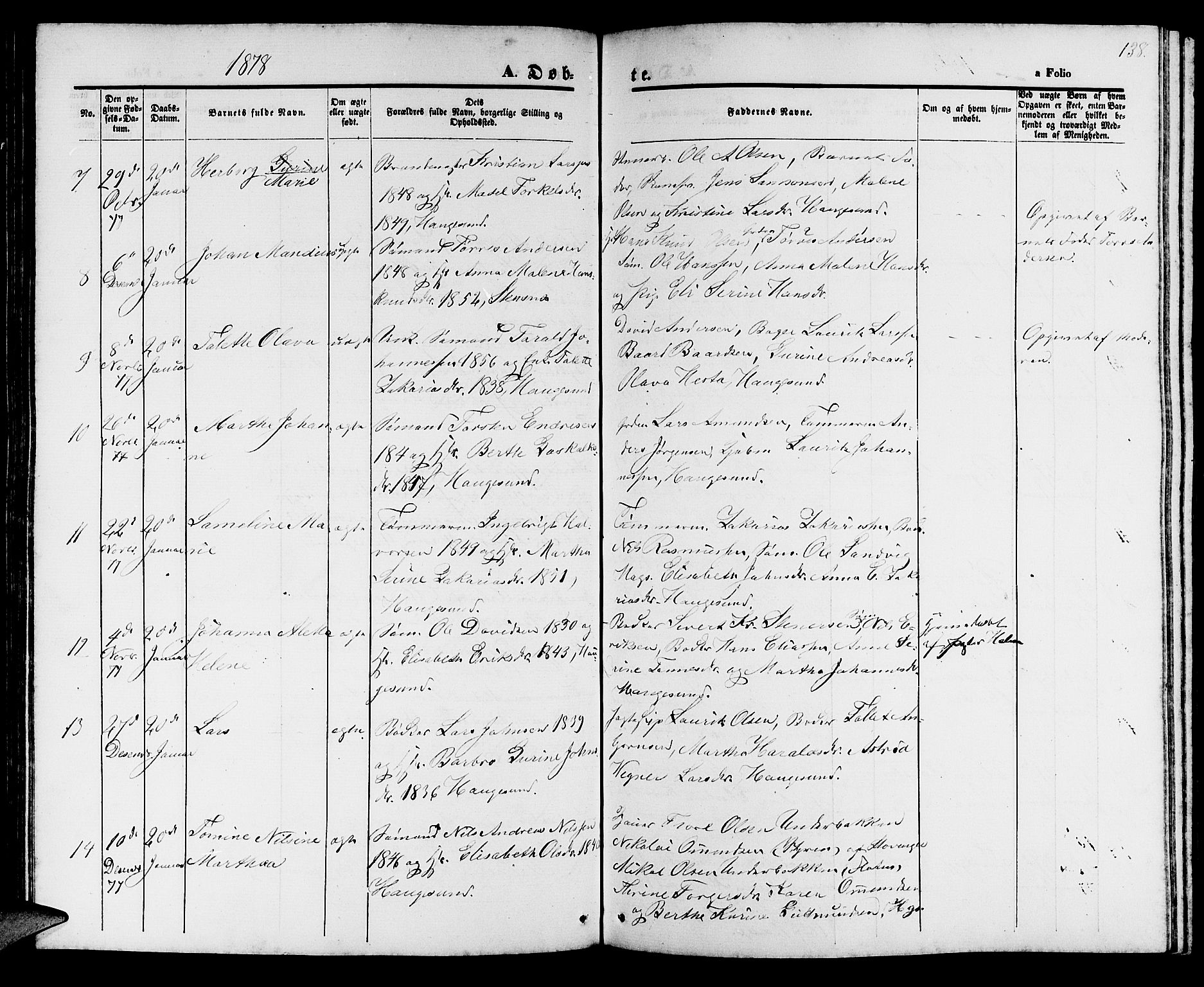 Haugesund sokneprestkontor, AV/SAST-A -101863/H/Ha/Hab/L0001: Parish register (copy) no. B 1, 1873-1881, p. 138