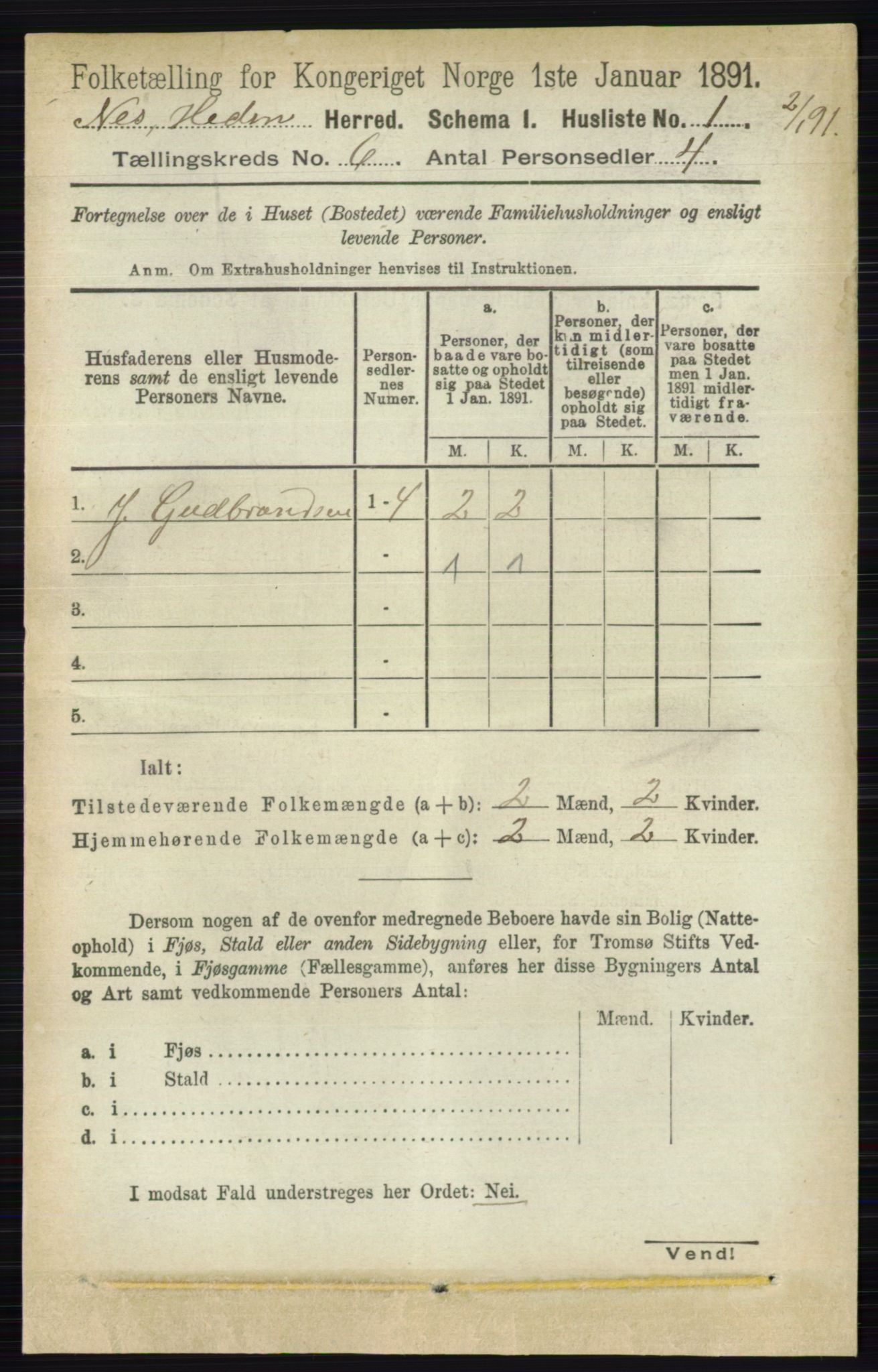 RA, 1891 census for 0411 Nes, 1891, p. 3169