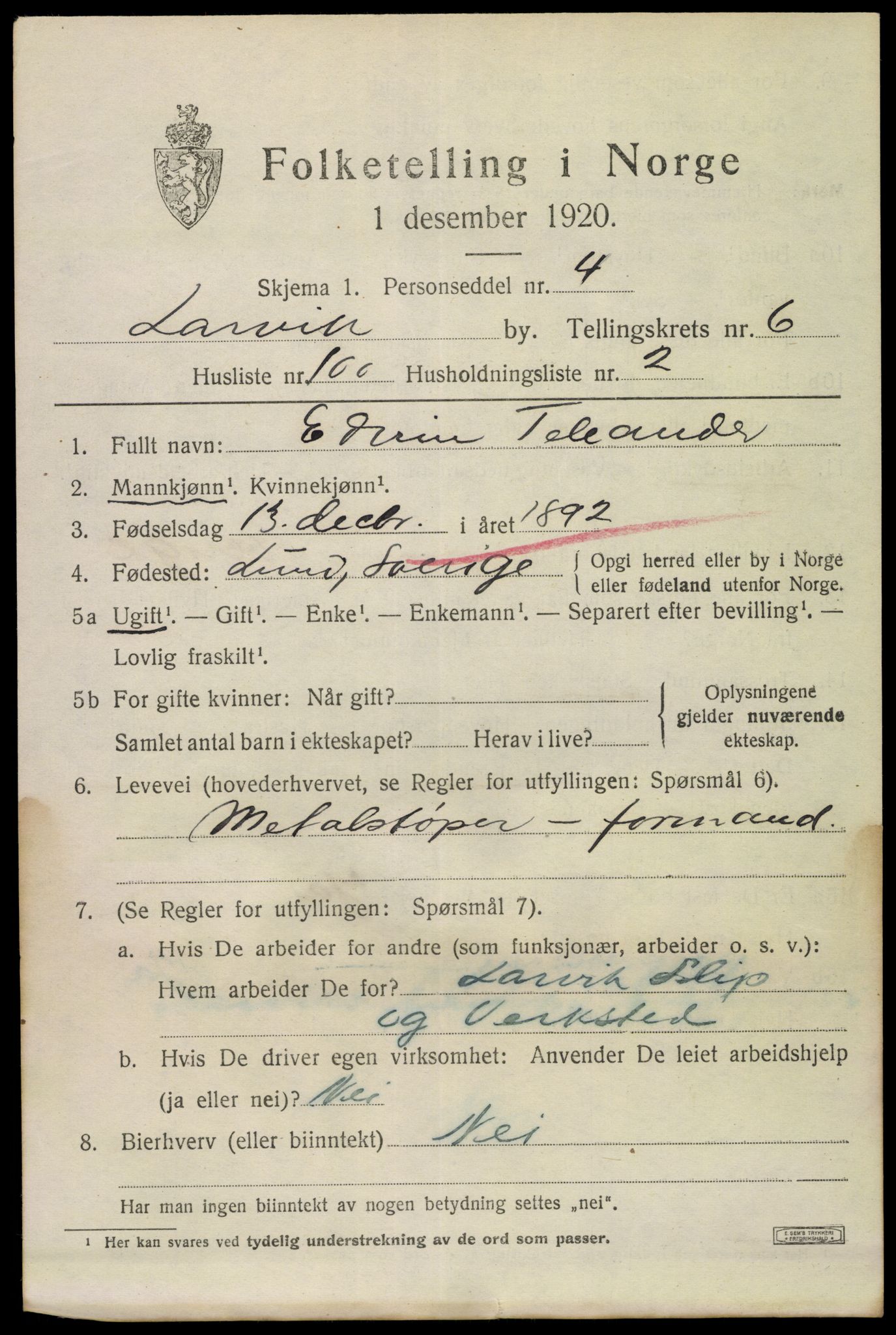 SAKO, 1920 census for Larvik, 1920, p. 19646