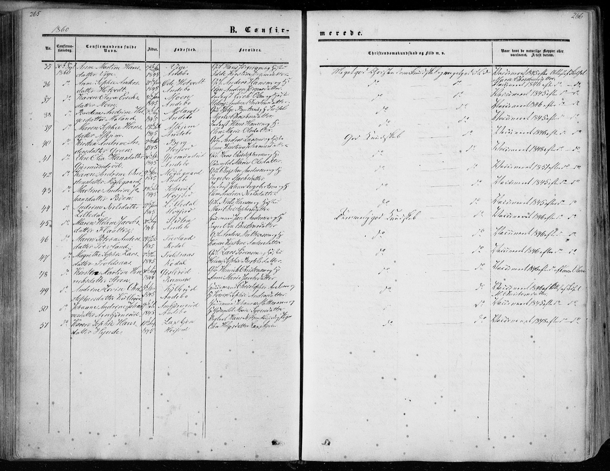 Andebu kirkebøker, SAKO/A-336/F/Fa/L0005: Parish register (official) no. 5, 1857-1870, p. 265-266
