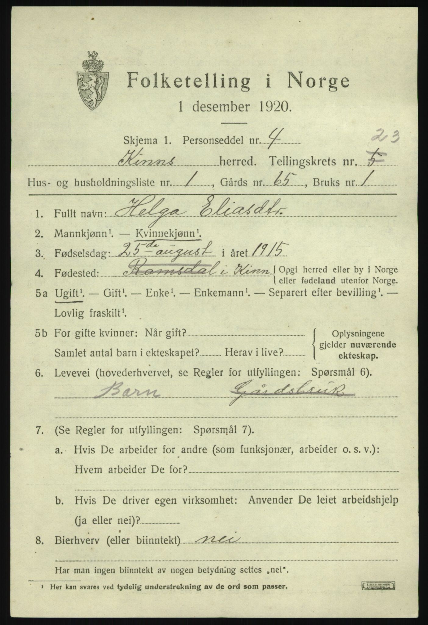 SAB, 1920 census for Kinn, 1920, p. 8171