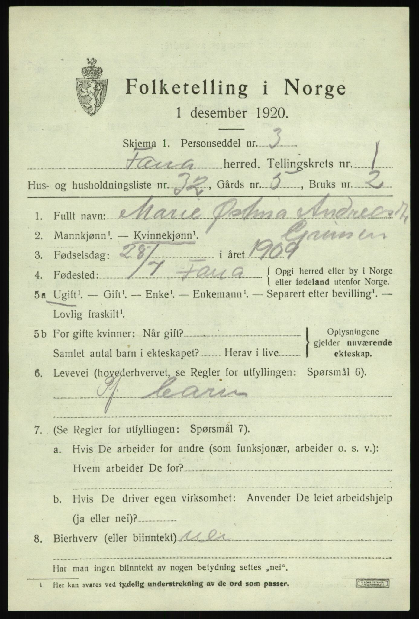 SAB, 1920 census for Fana, 1920, p. 4045