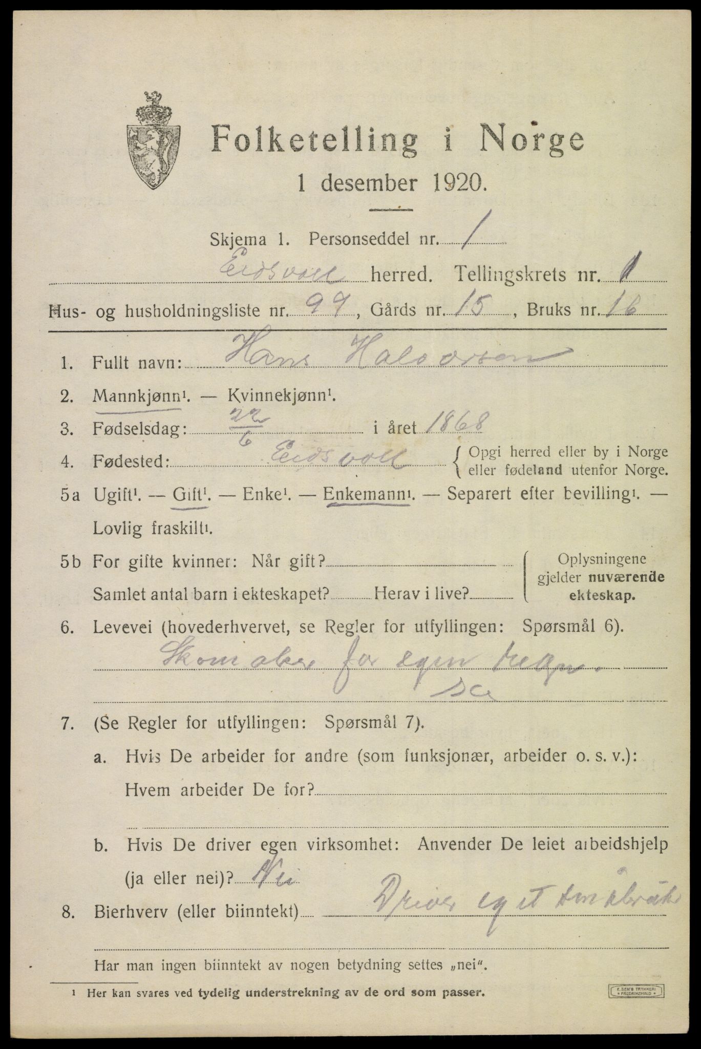 SAO, 1920 census for Eidsvoll, 1920, p. 4775