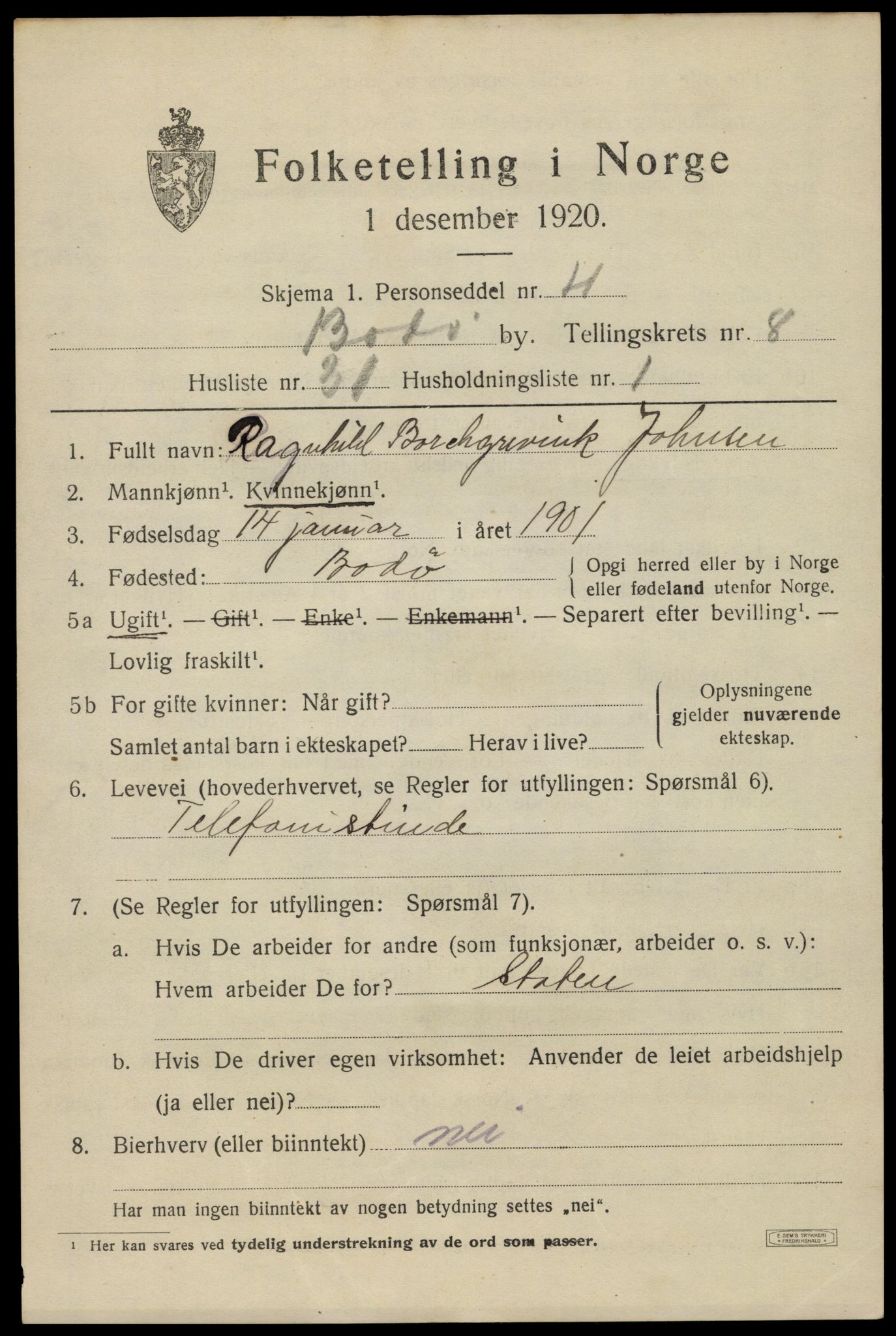 SAT, 1920 census for Bodø, 1920, p. 12821