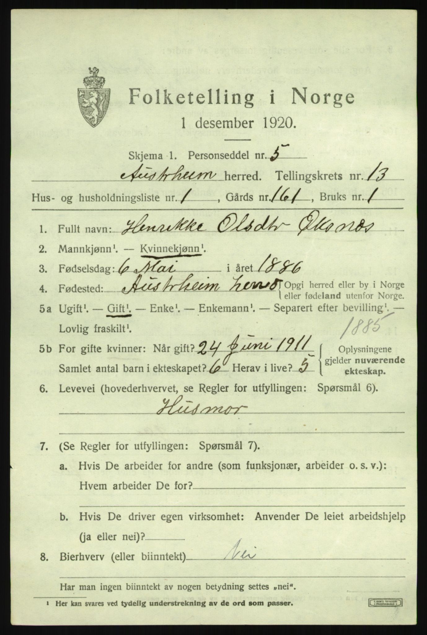 SAB, 1920 census for Austrheim, 1920, p. 4522