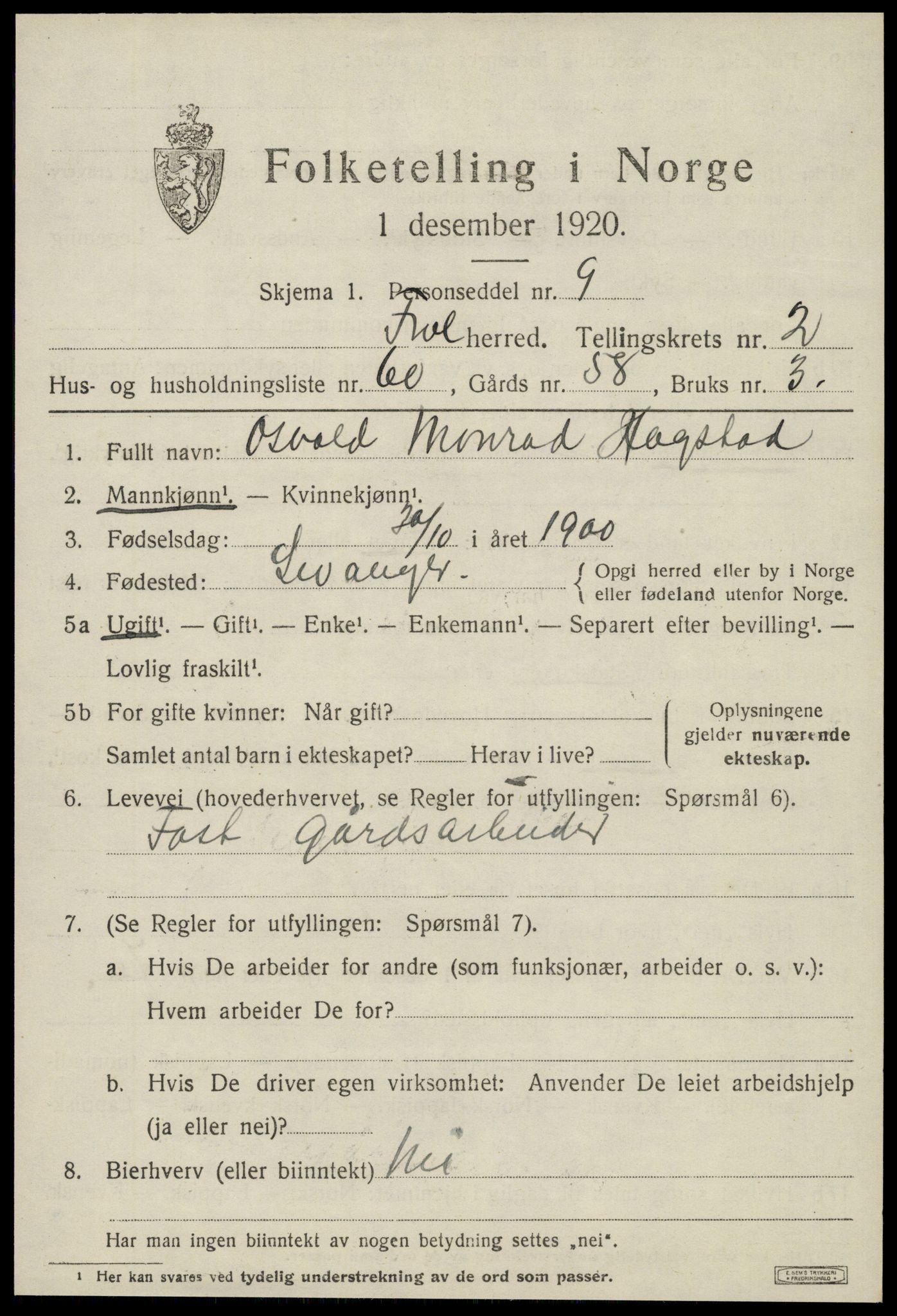 SAT, 1920 census for Frol, 1920, p. 2989