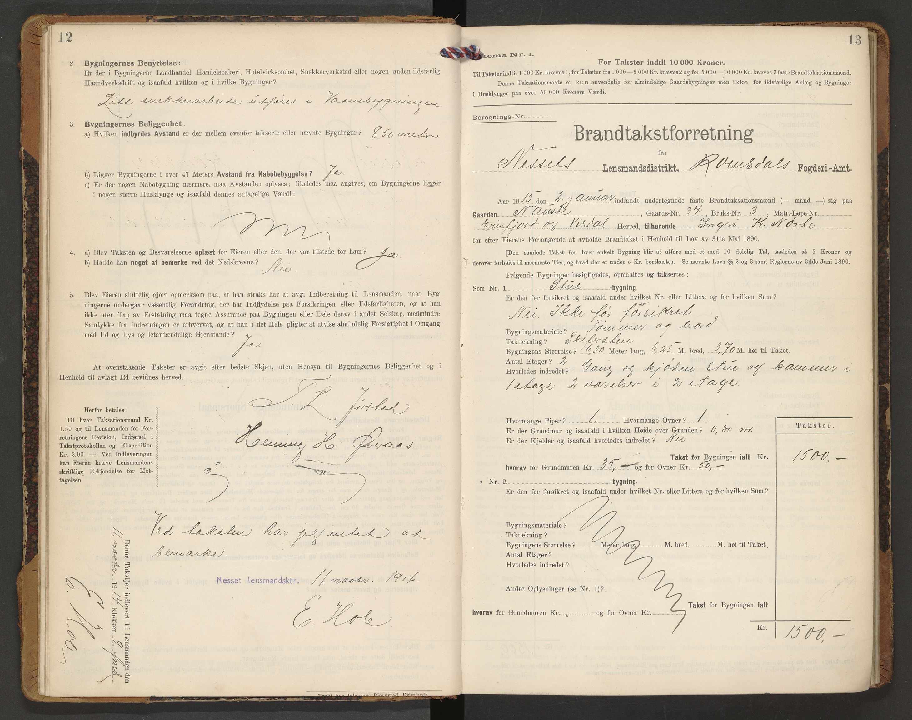 Norges Brannkasse Nesset, AV/SAT-A-5501/F/Fb/L0002: Branntakstprotokoll, 1910-1919, p. 12-13