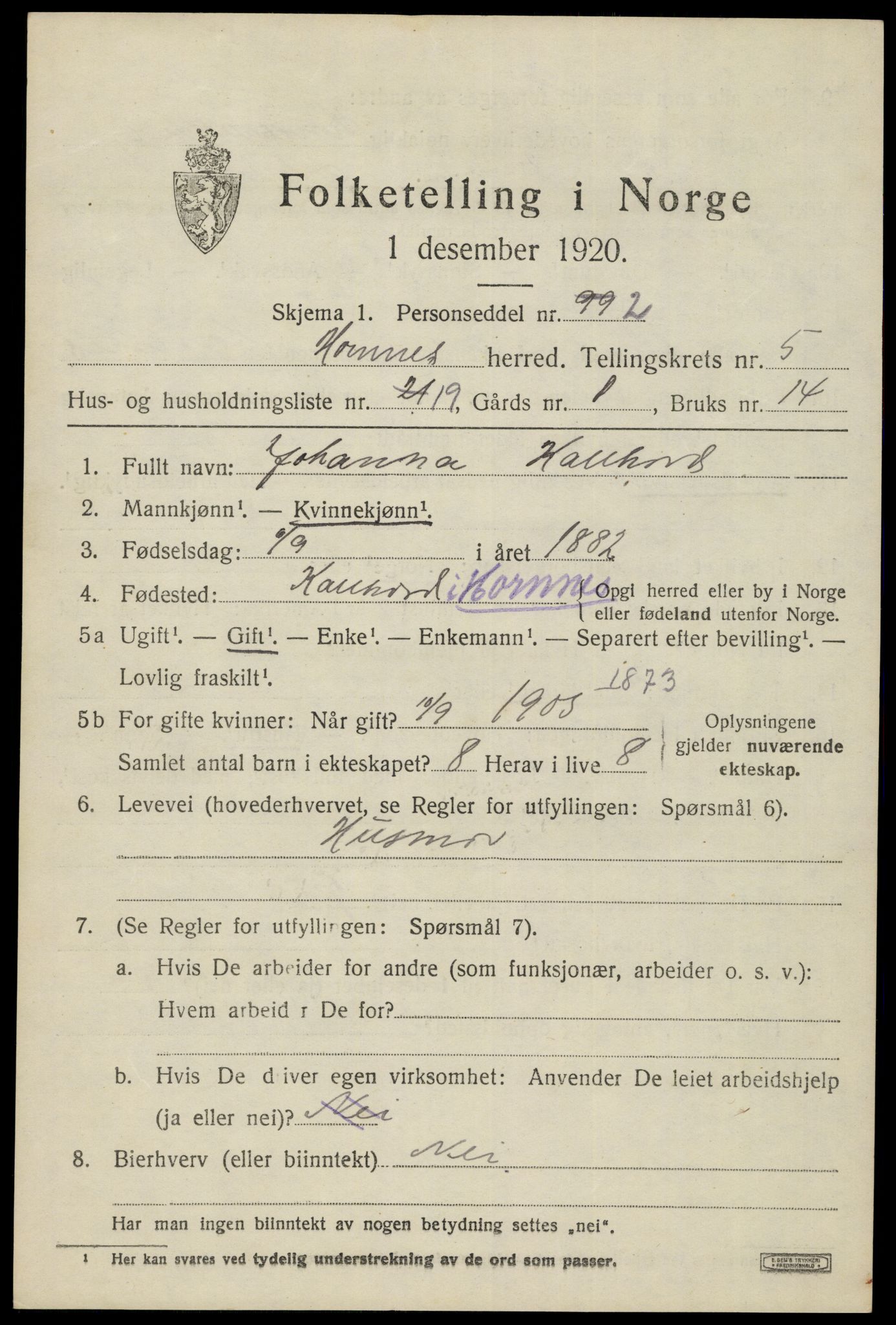 SAK, 1920 census for Hornnes, 1920, p. 1531